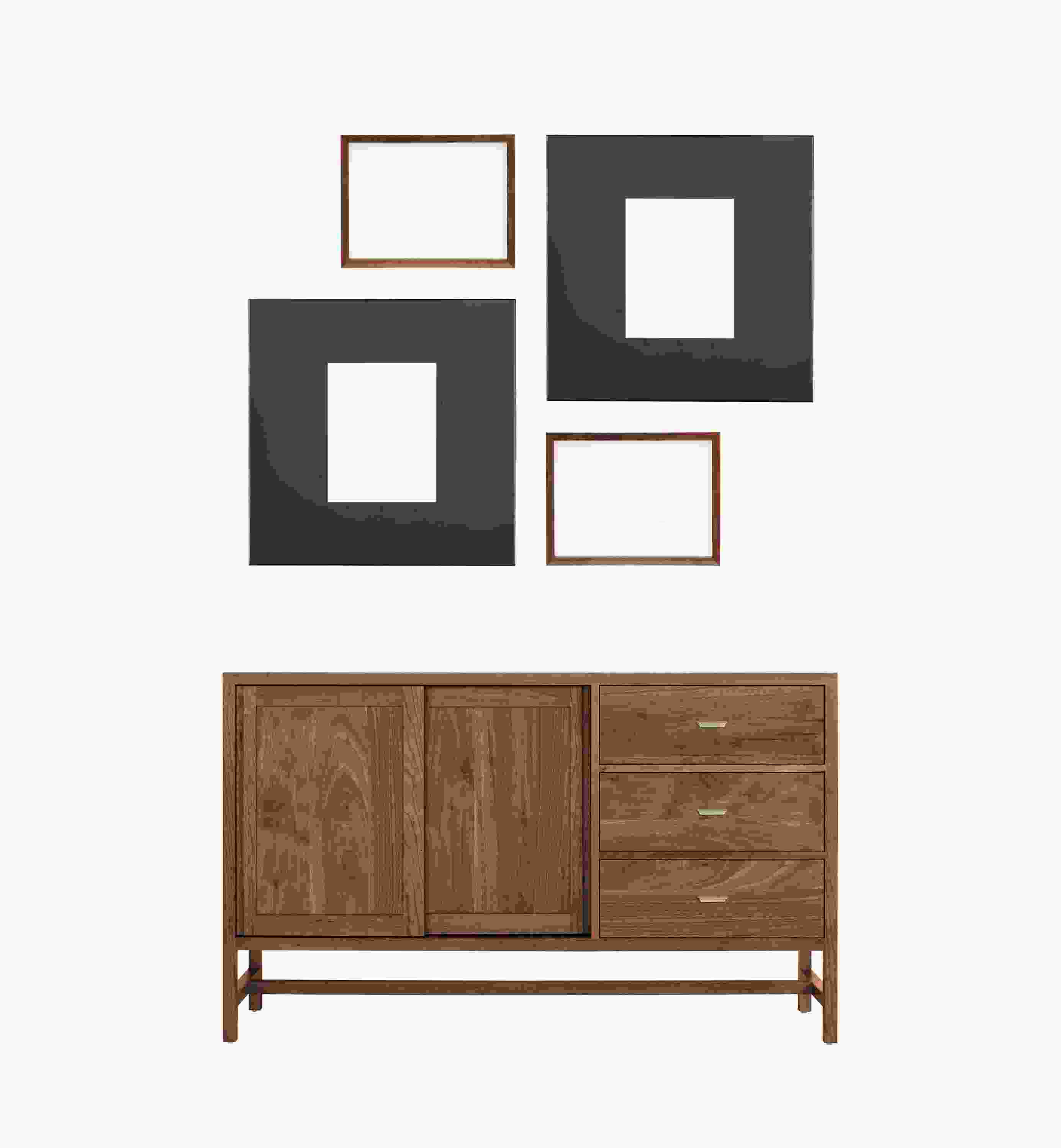 Set of 4 Manhattan and Profile Frames in Natural Steel and Walnut shown horizontal above 60-wide Berkeley Cabinet.