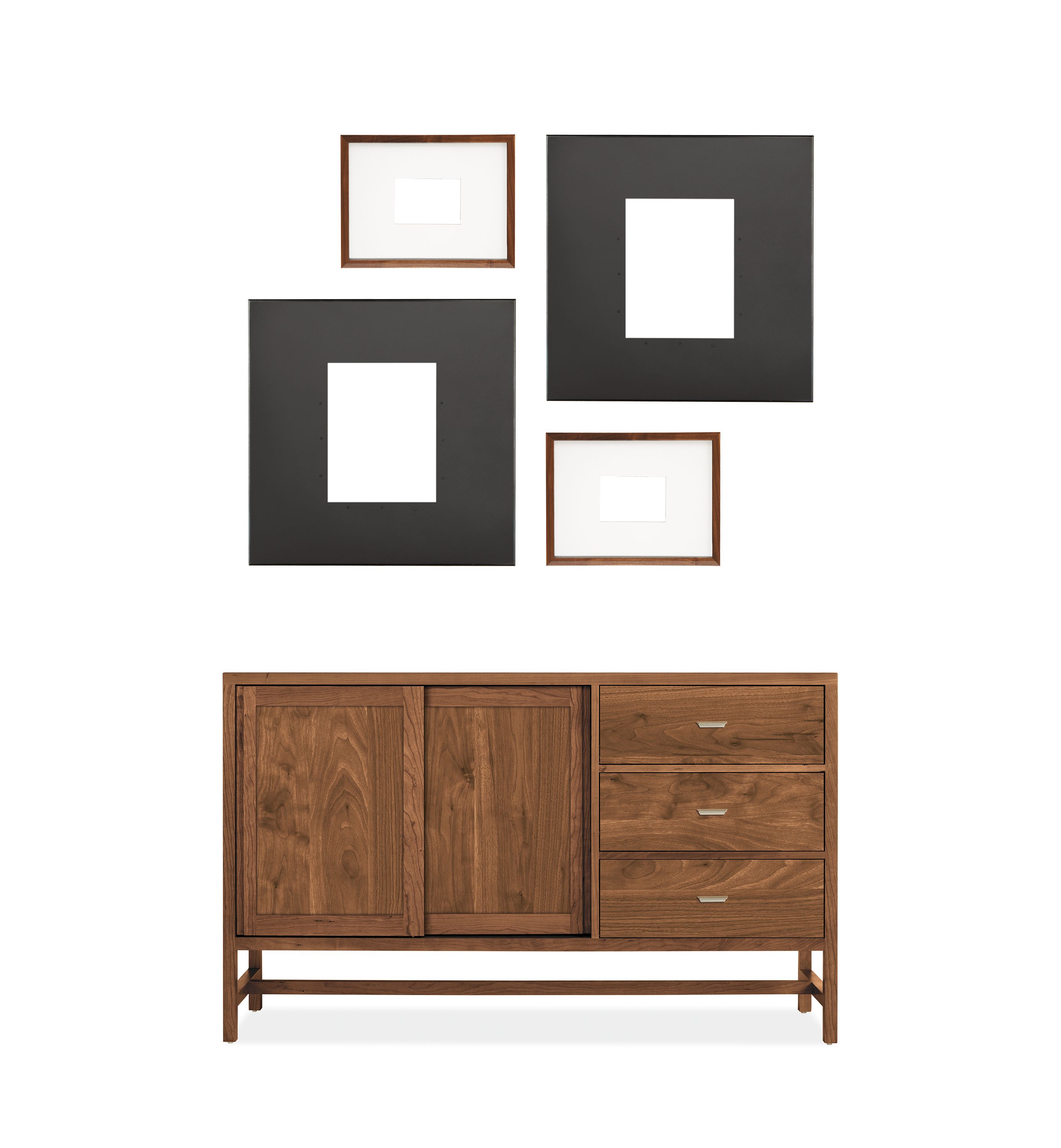 Set of 4 Manhattan and Profile Frames in Natural Steel and Walnut shown horizontal above 60-wide Berkeley Cabinet.
