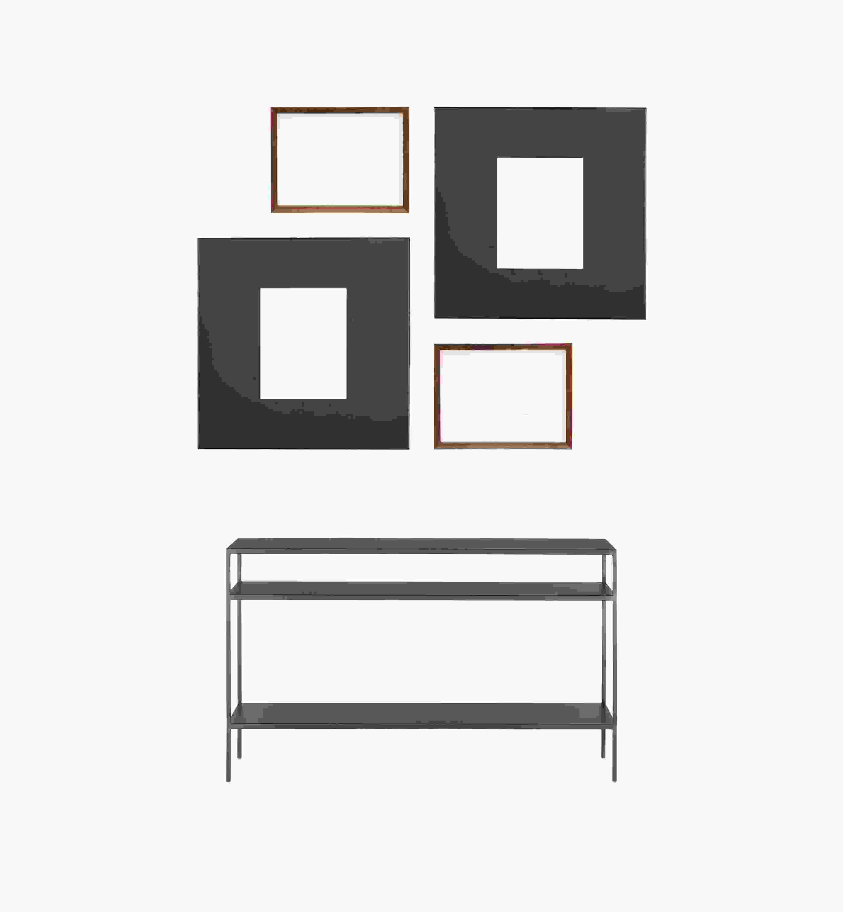 Set of 4 Manhattan and Profile Frames in Natural Steel and Walnut shown horizontal above 48-wide Slim Console.
