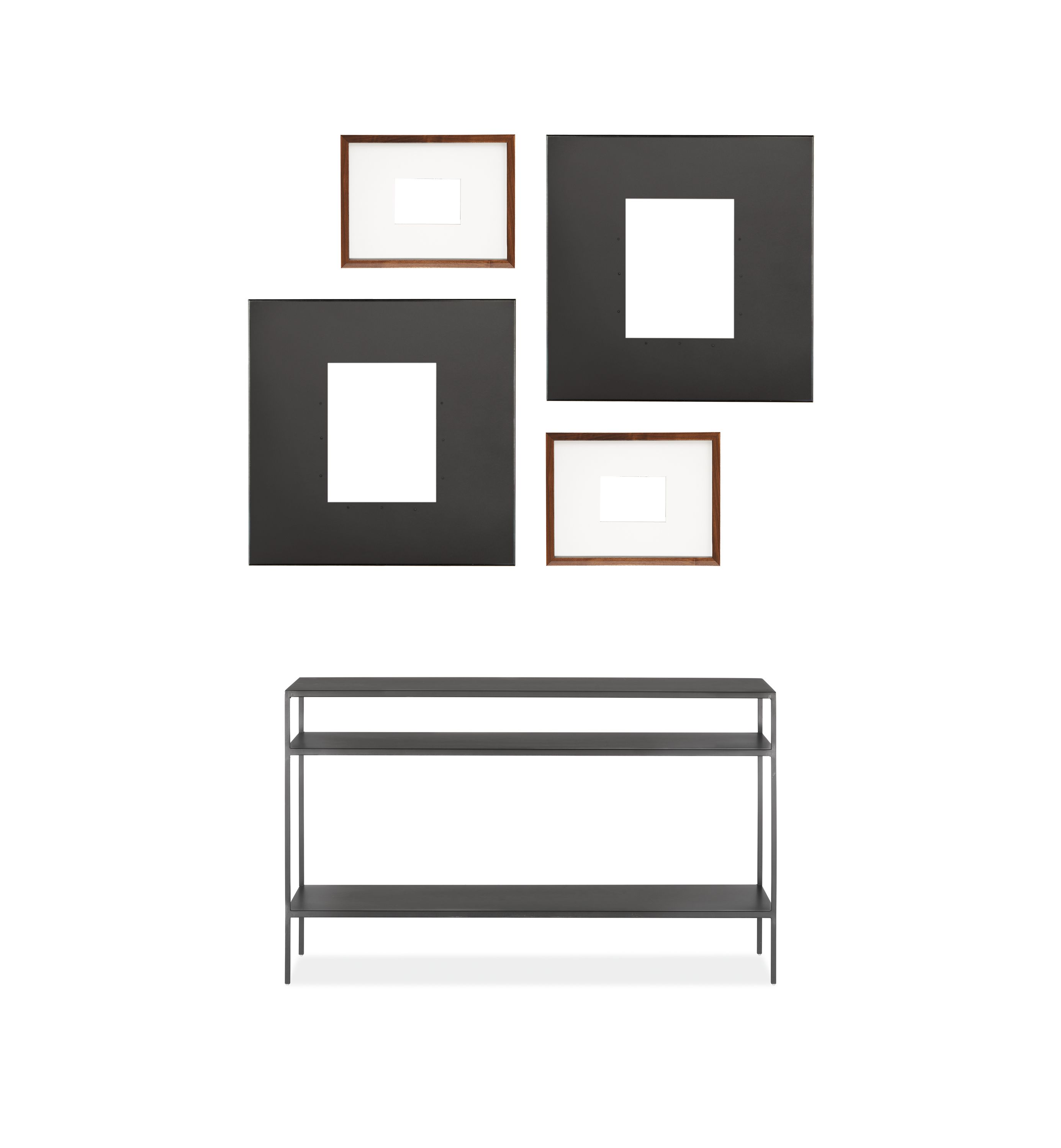 Set of 4 Manhattan and Profile Frames in Natural Steel and Walnut shown horizontal above 48-wide Slim Console.