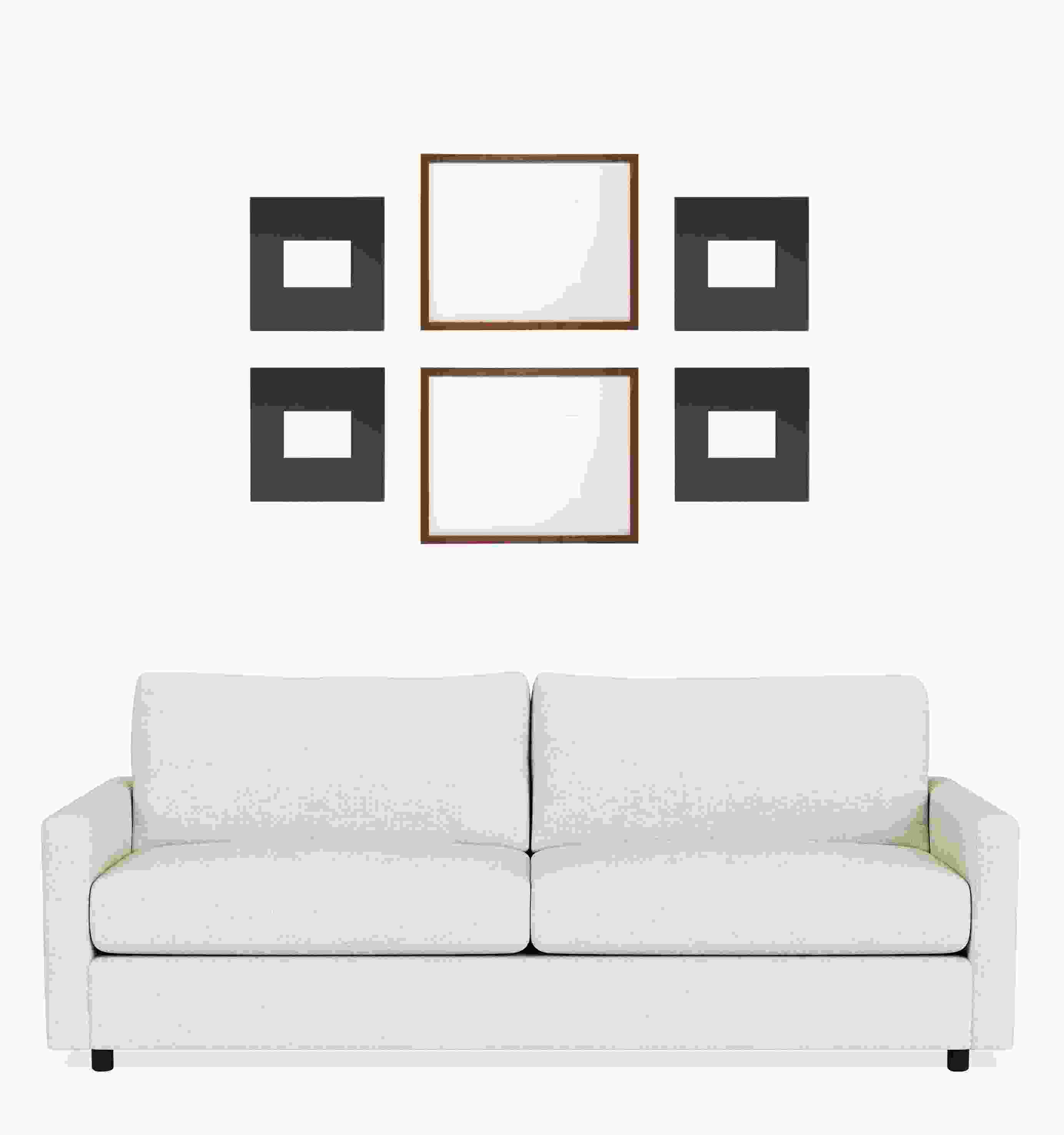 Set of 6 Manhattan and Profile Frames in Natural Steel and Walnut shown horizontal above 81-wide Cade Sofa.
