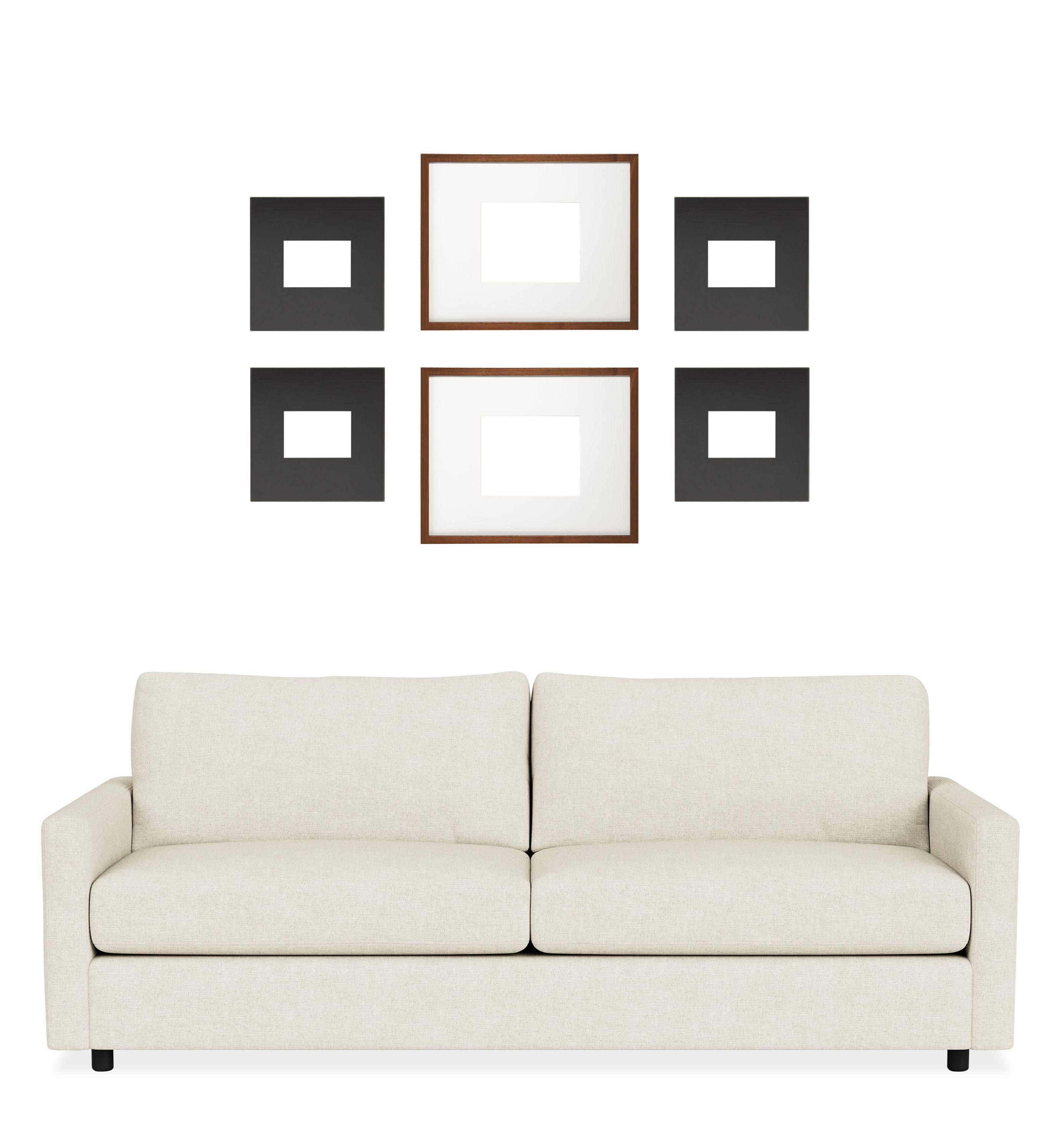 Set of 6 Manhattan and Profile Frames in Natural Steel and Walnut shown horizontal above 81-wide Cade Sofa.