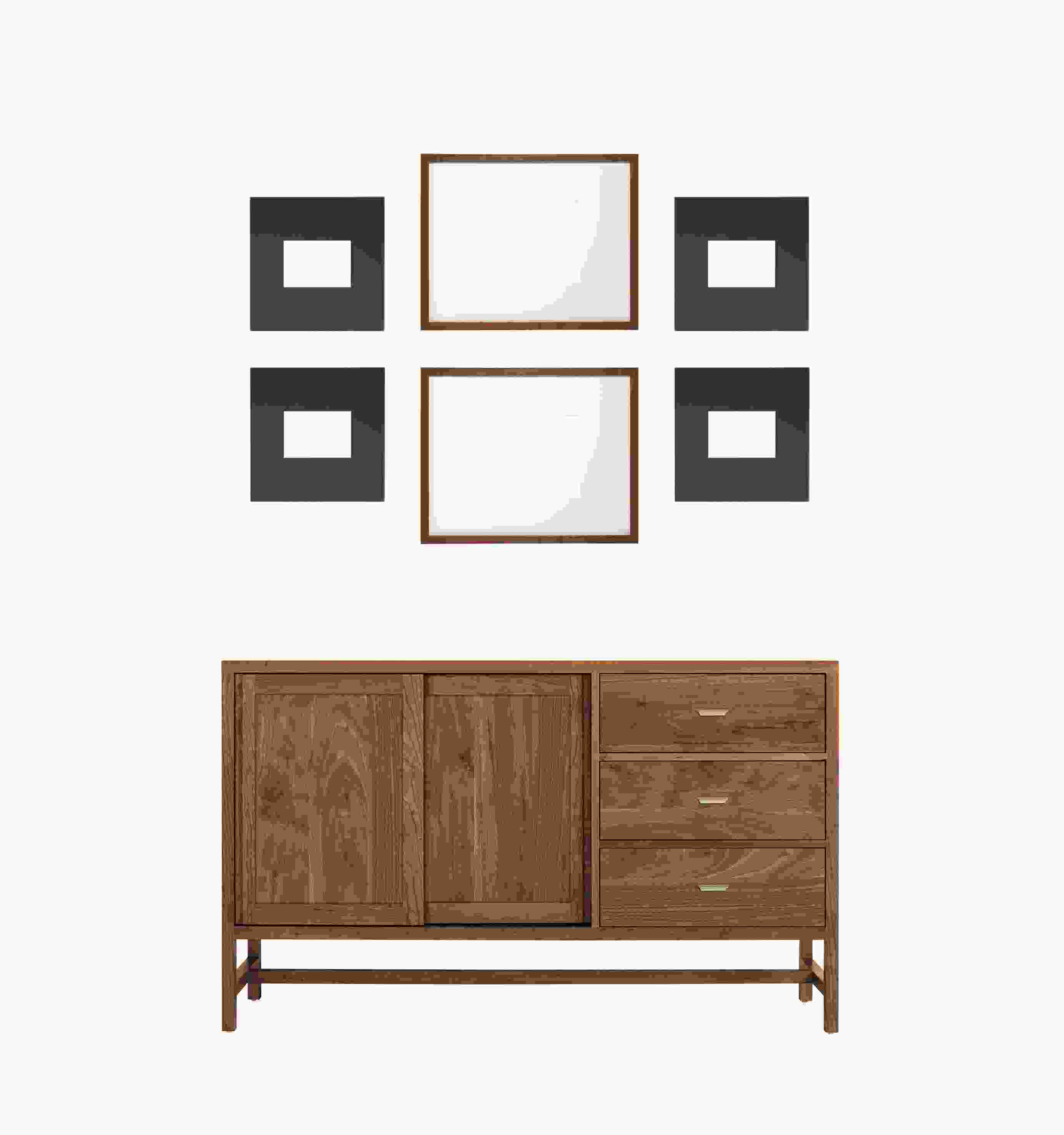 Set of 6 Manhattan and Profile Frames in Natural Steel and Walnut shown horizontal above 60-wide Berkeley Cabinet.