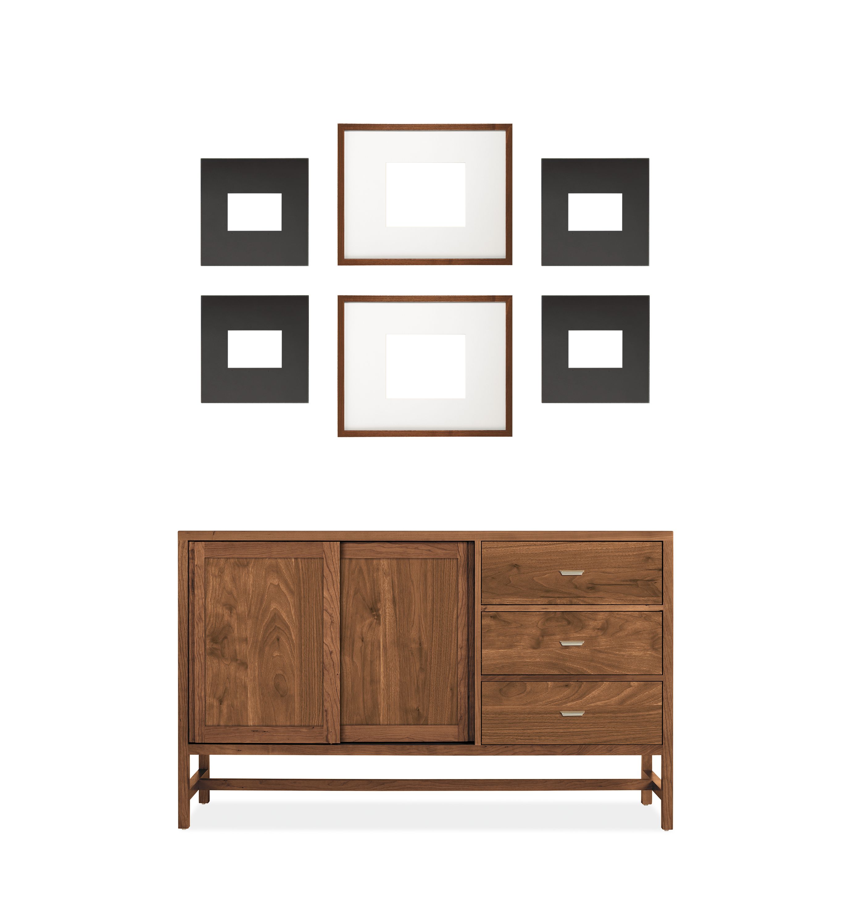 Set of 6 Manhattan and Profile Frames in Natural Steel and Walnut shown horizontal above 60-wide Berkeley Cabinet.