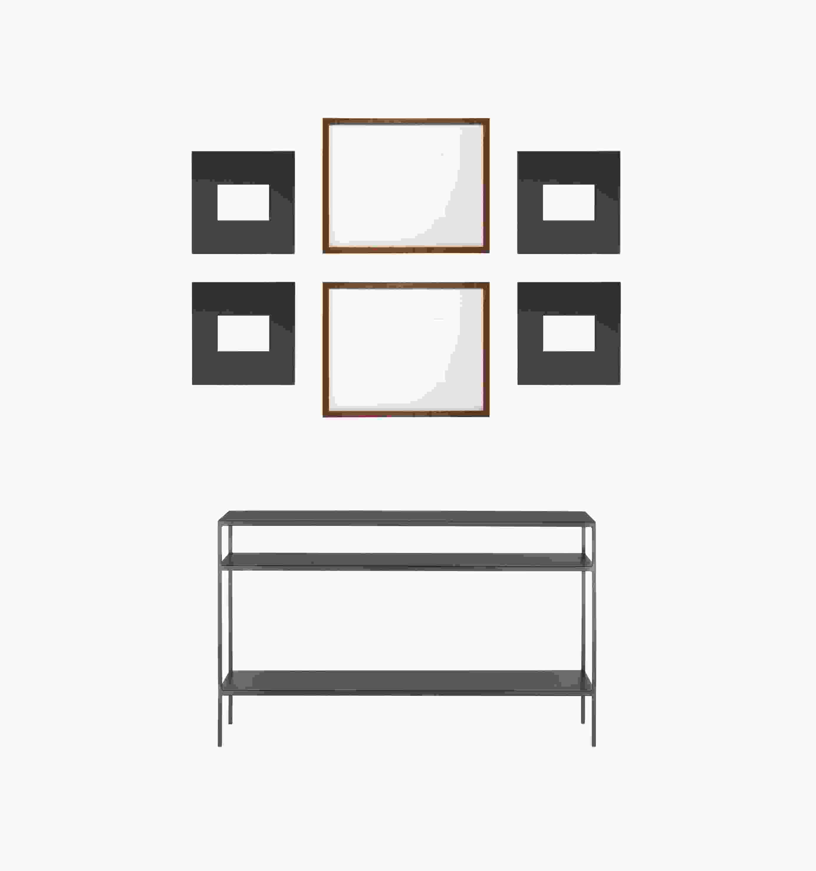 Set of 6 Manhattan and Profile Frames in Natural Steel and Walnut shown horizontal above 48-wide Slim Console.