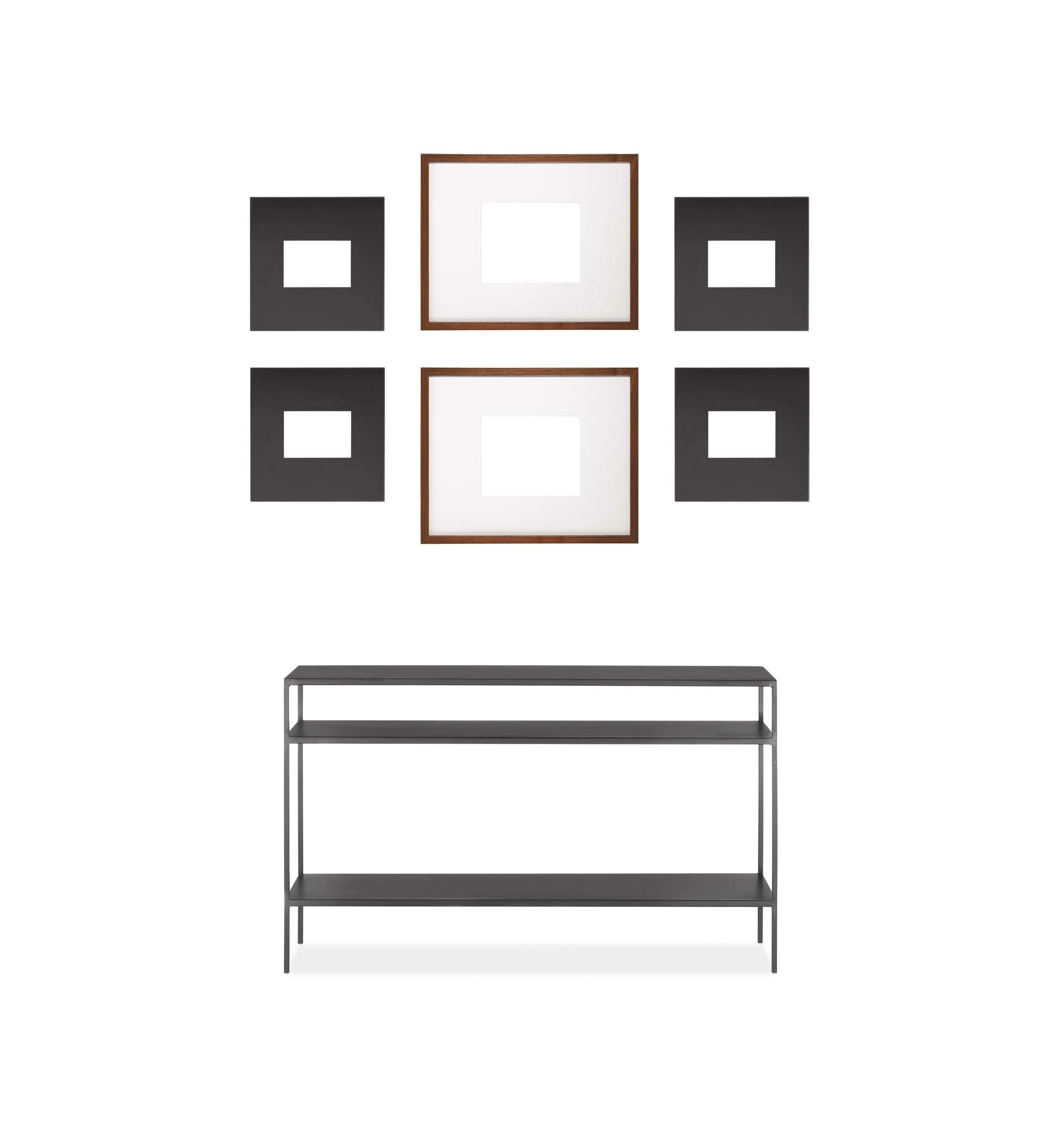 Set of 6 Manhattan and Profile Frames in Natural Steel and Walnut shown horizontal above 48-wide Slim Console.