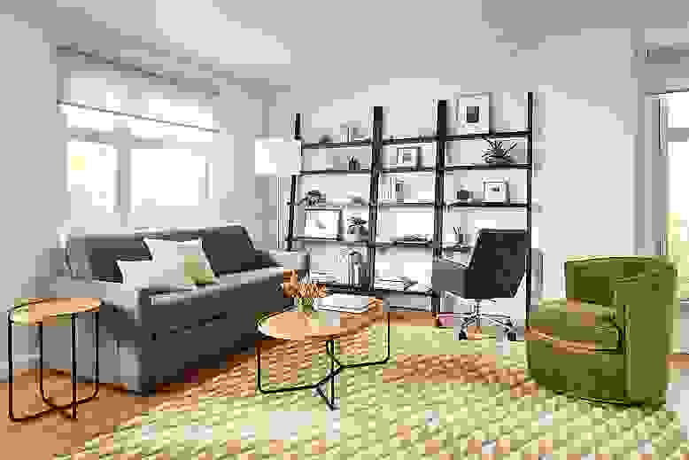 Living room with Franklin sleeper sofa, Otis swivel chair, Gallery leaning shelves, Plaza rug.