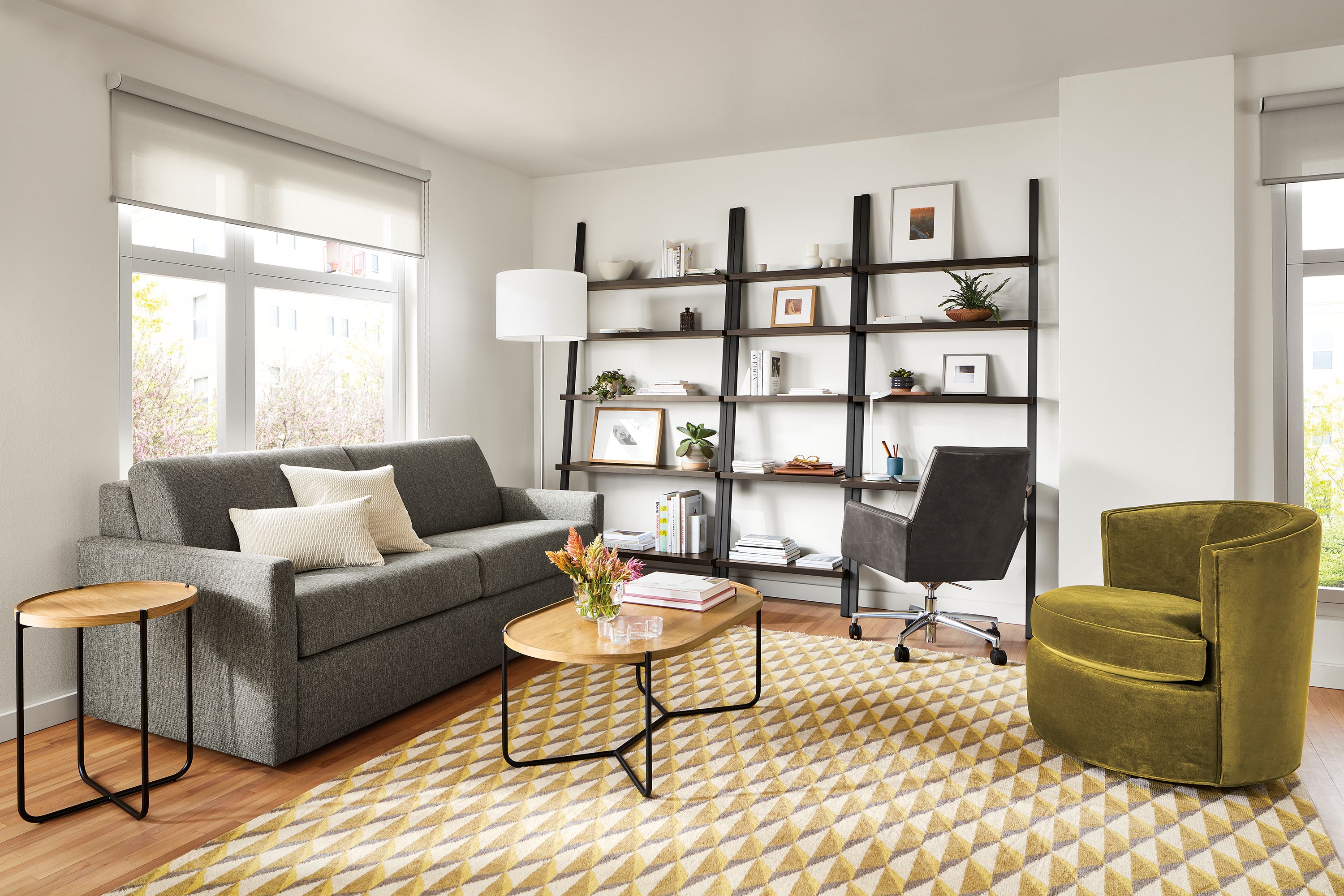 Living room with Franklin sleeper sofa, Otis swivel chair, Gallery leaning shelves, Plaza rug.