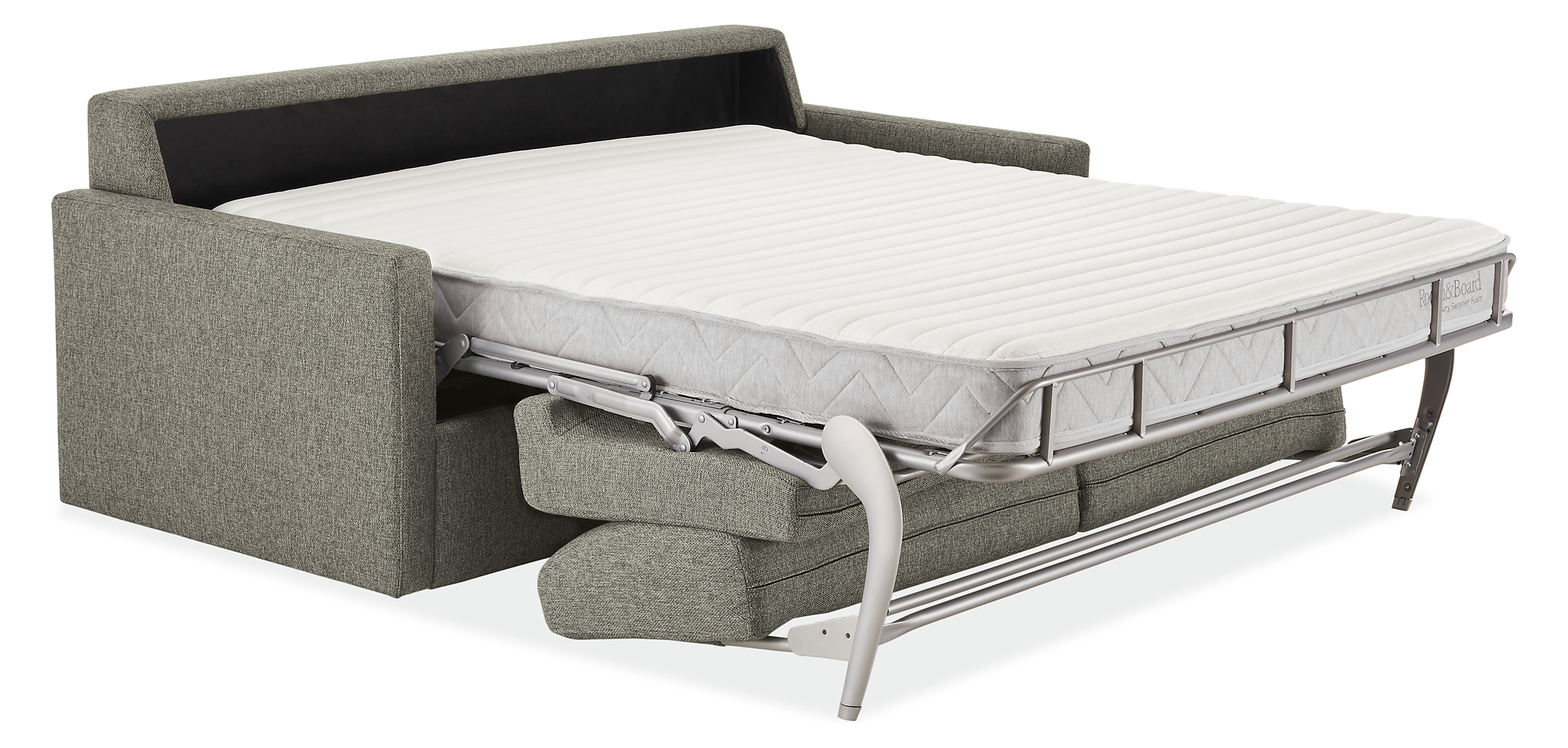 Detail of Franklin foldout sleeper sofa in open position with mattress, in Tepic Grey fabric.