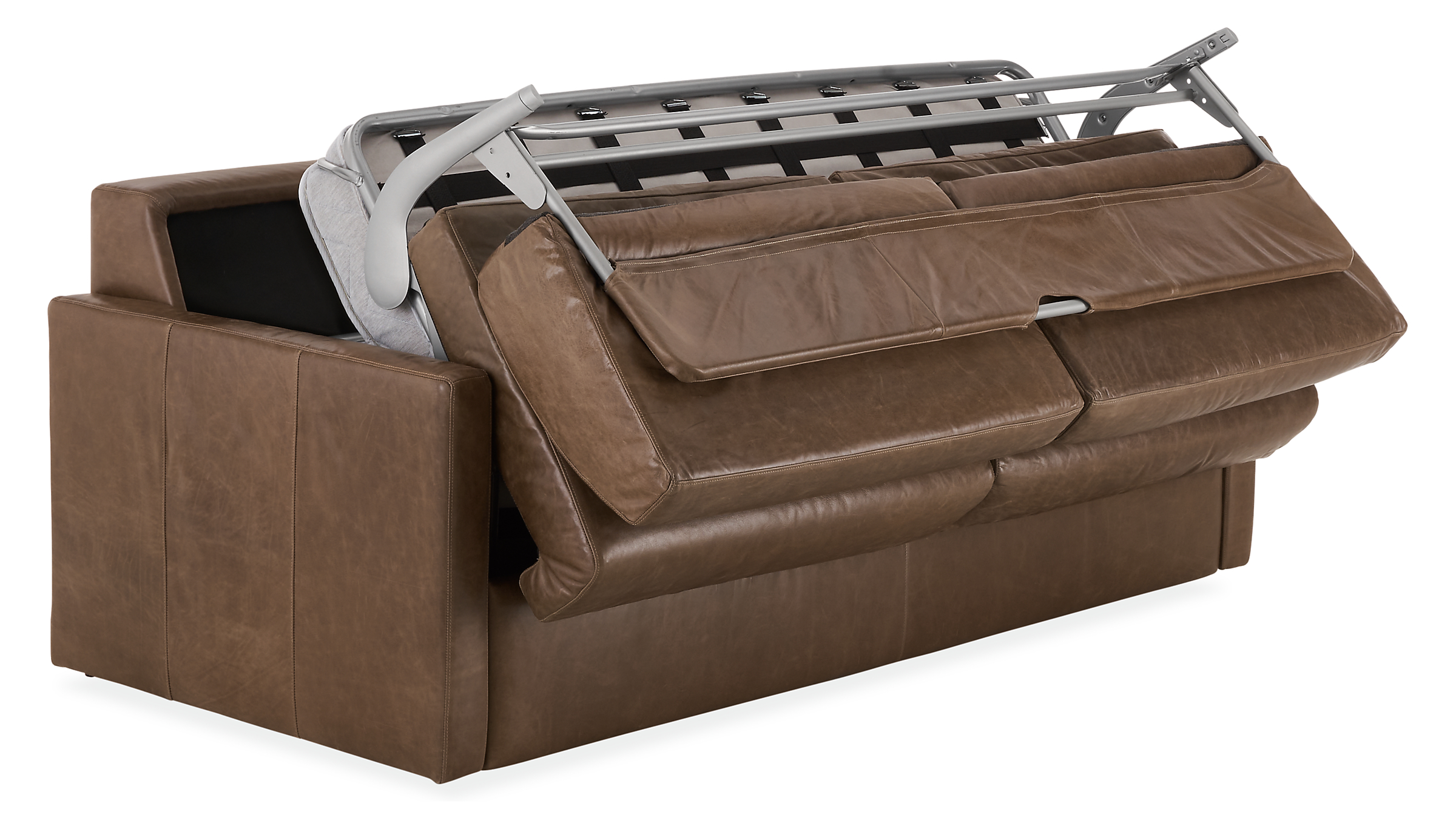 Detail of Franklin foldout sleeper sofa in partially open position in Vento Pewter leather.