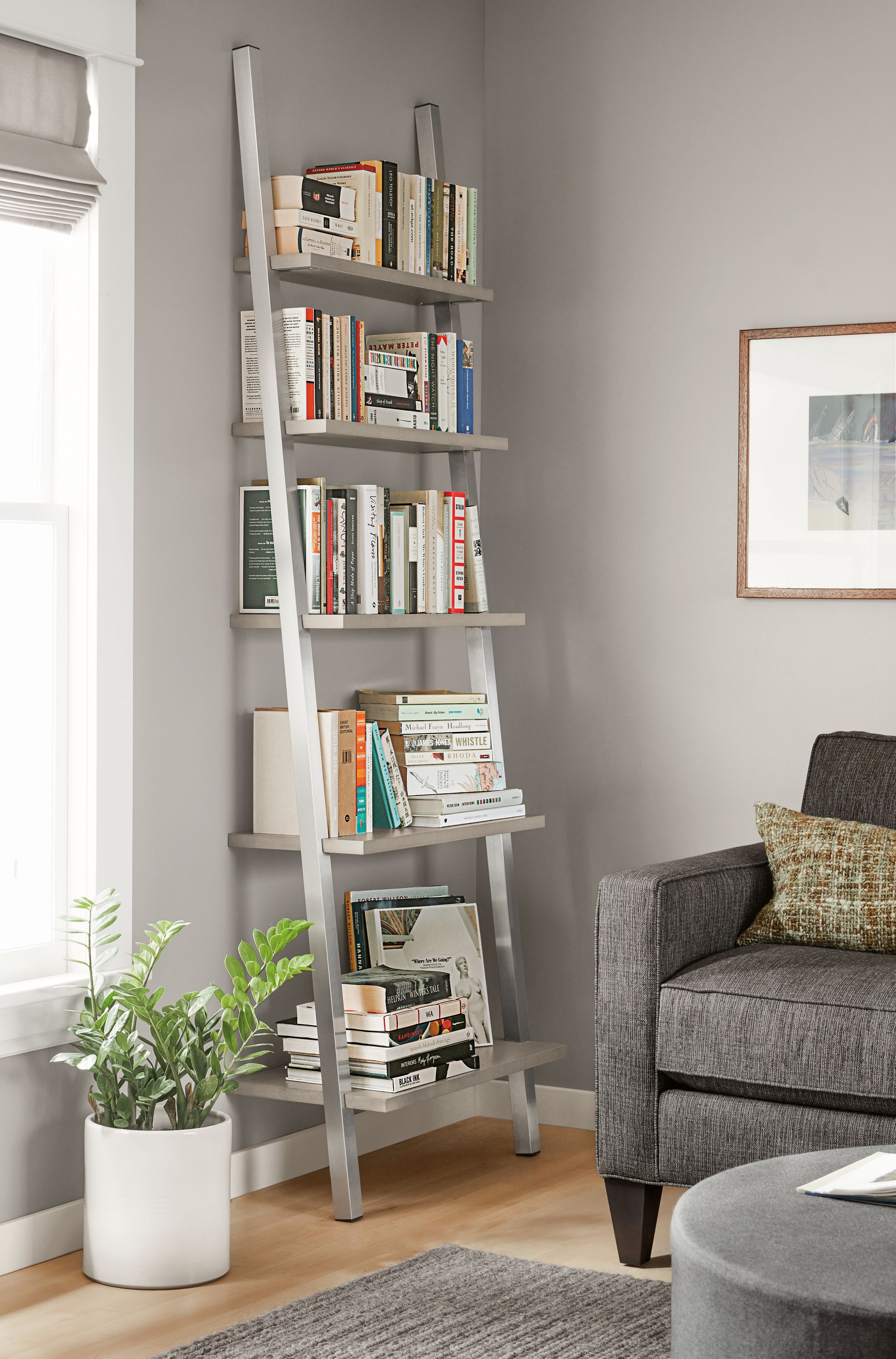 Side detail of Gallery leaning shelf in living room.