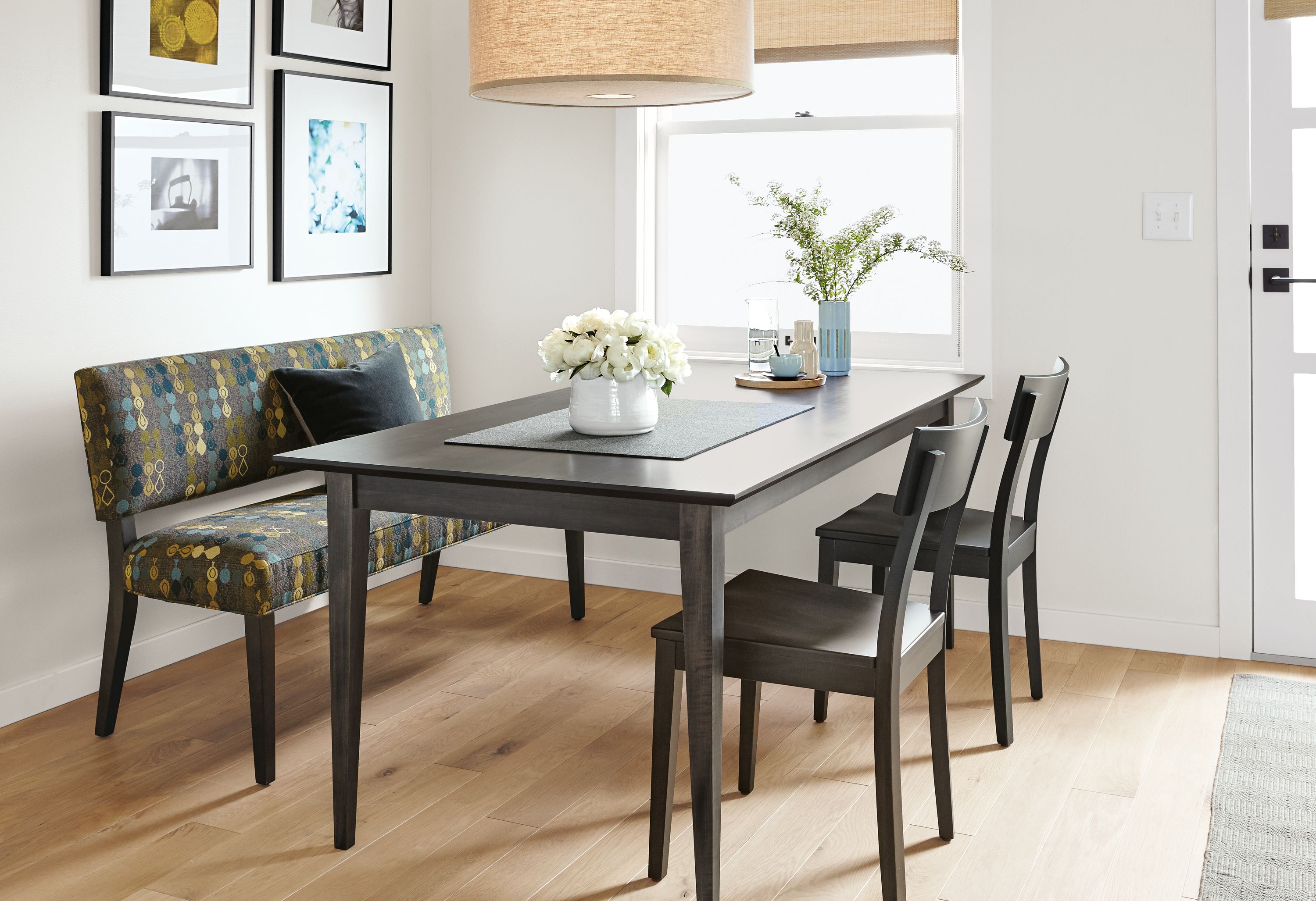 Detail of Georgia fabric dining bench.