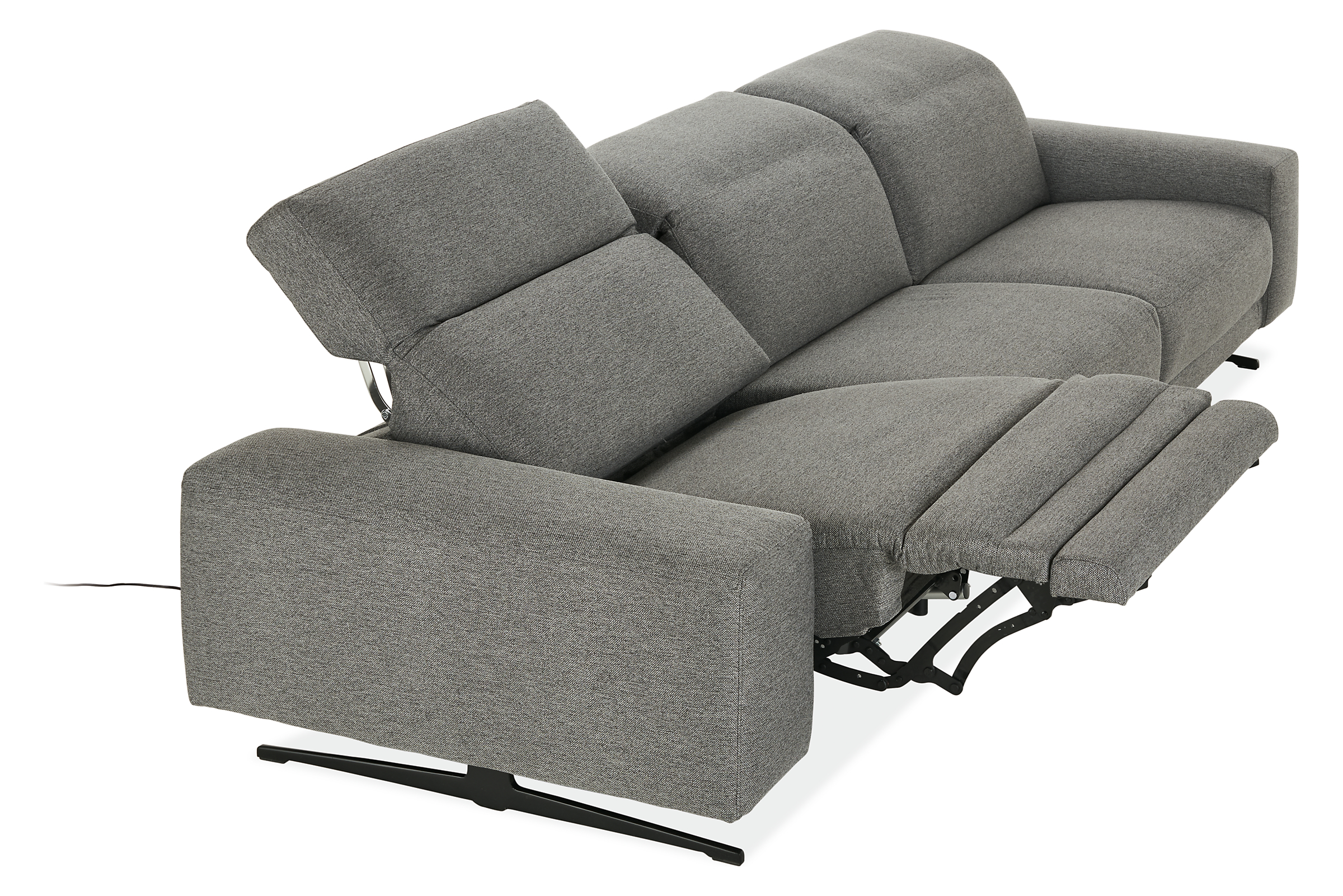Detail of Gio 3 piece sofa with power in fabric shown in mid recline position with headrest in raised position.