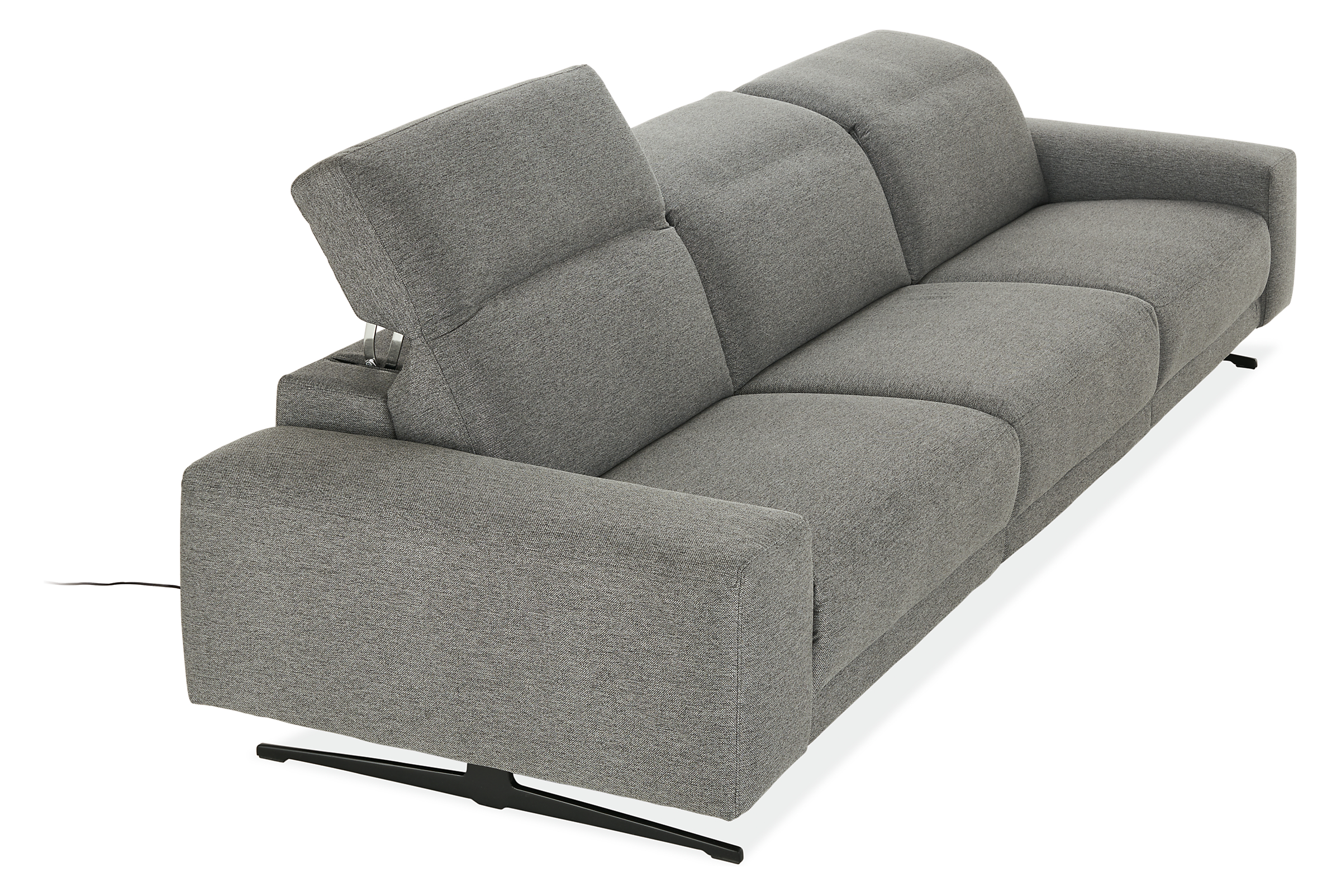Detail of Gio 3 piece sofa with power in fabric showing headrest in raised position.