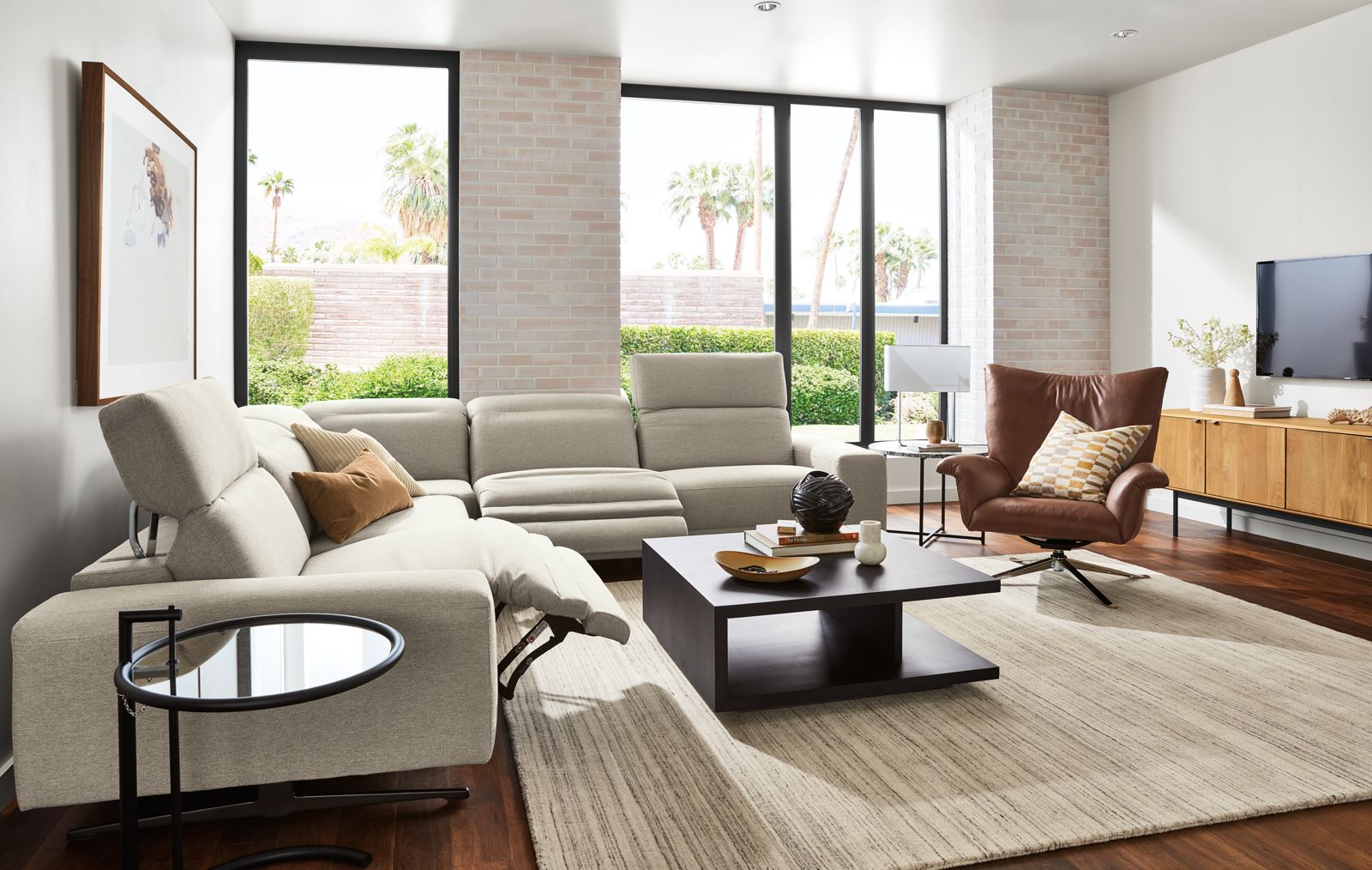 room setting with 5-piece gio power-reclining sectional, with two headrests up and two footrests up