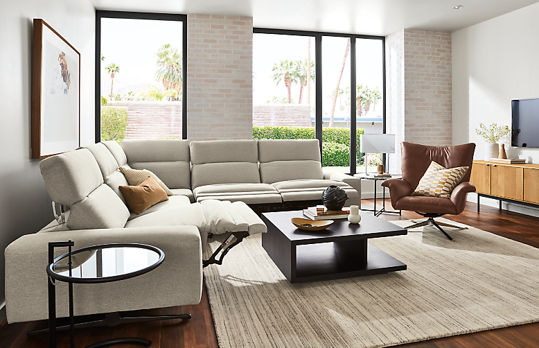 room setting with 5-piece gio power-reclining sectional, with all headrests up and three footrests up