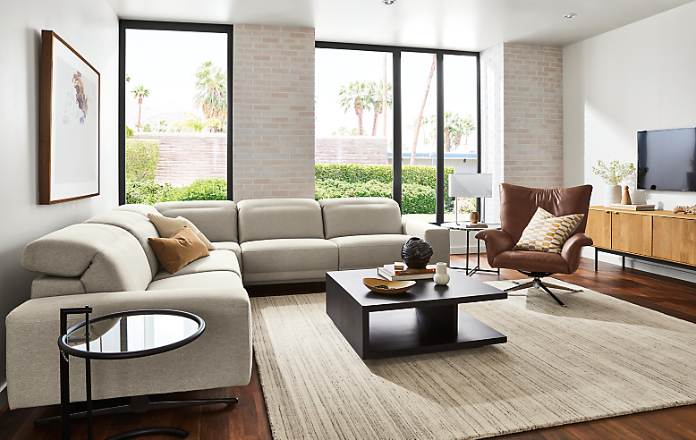 room setting with 5-piece gio power-reclining sectional, with all headrests and footrests collapsed
