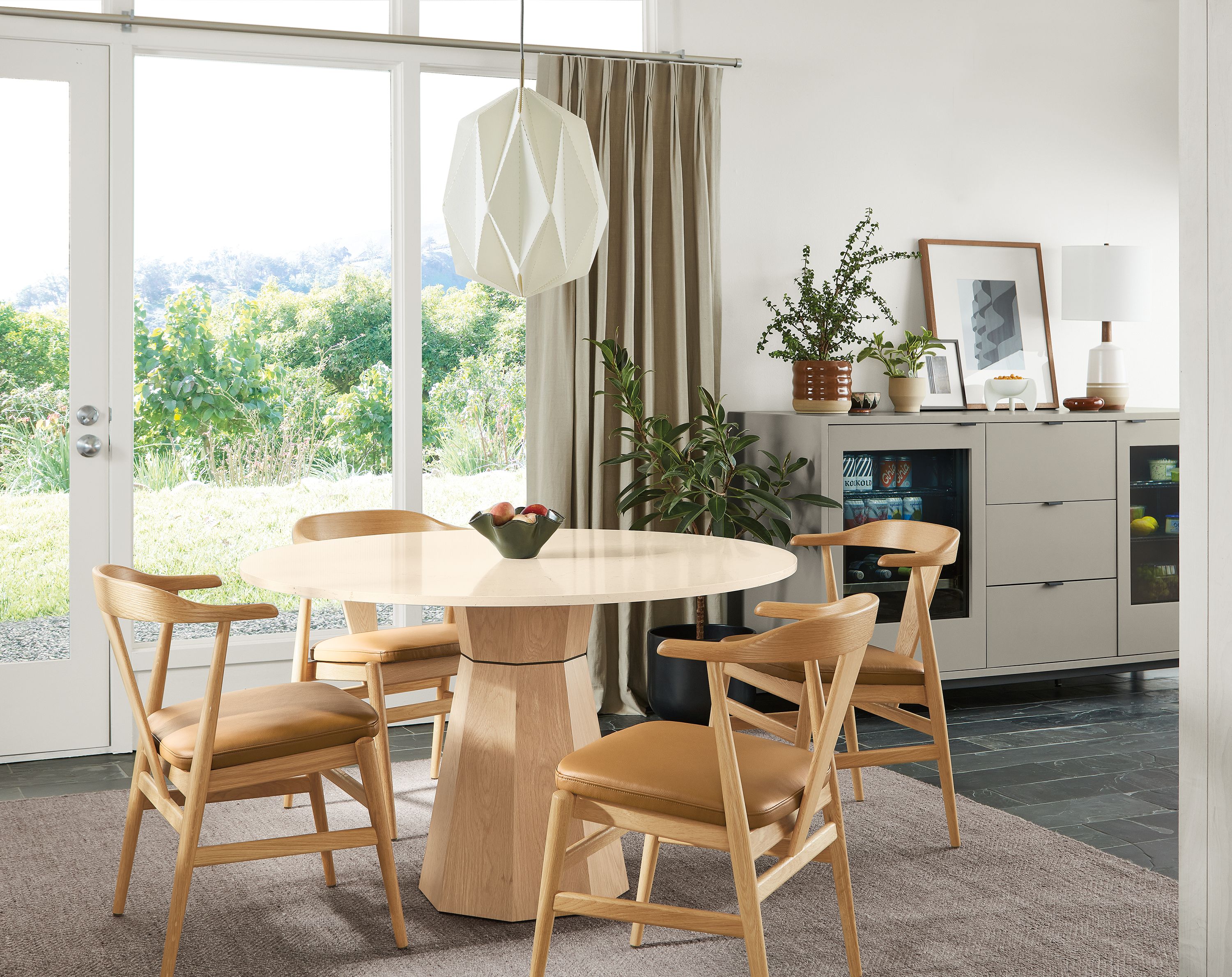 48 diam table - ecru quartz top, oak with salt stain base