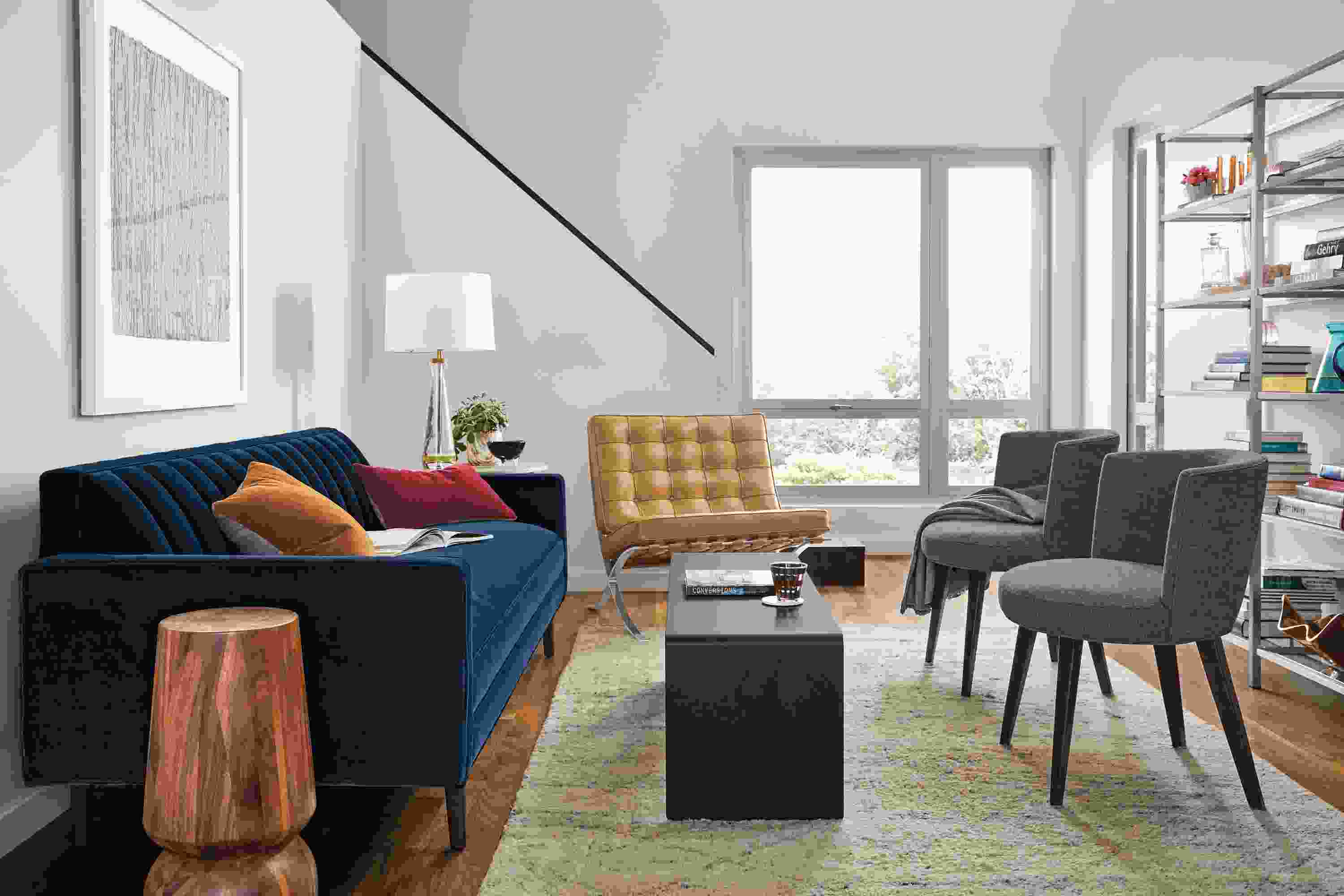 Detail of Goodwin sofa in blue velvet.
