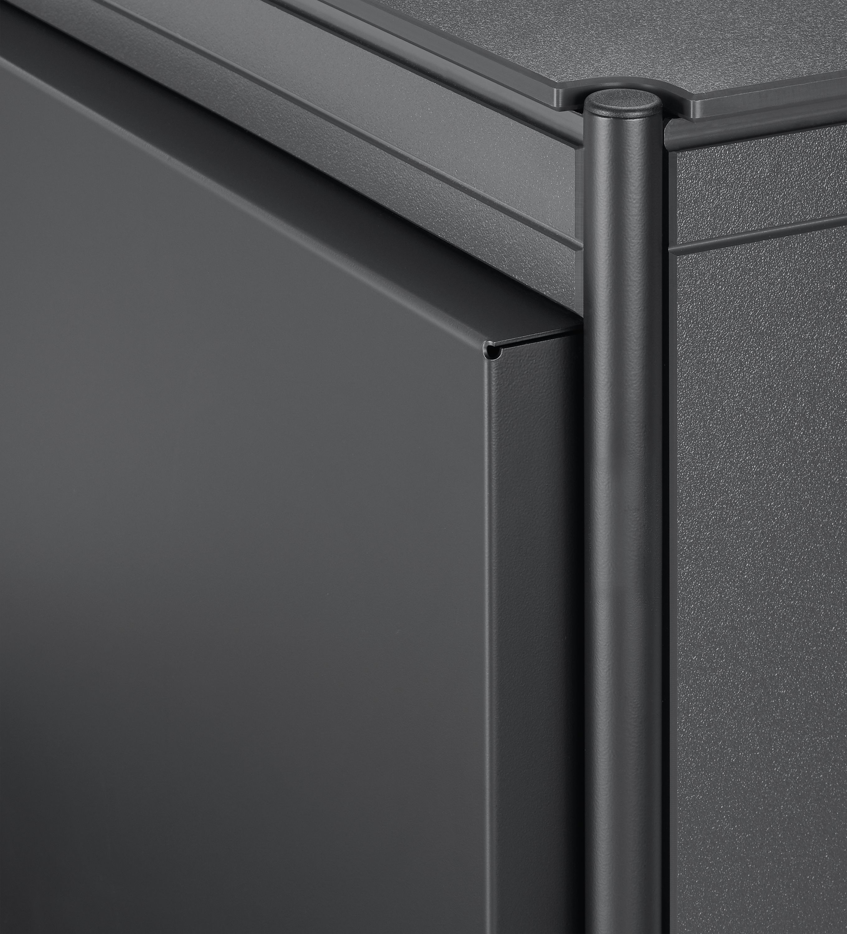 corner detail of Granger 28-wide Outdoor Cabinet with Metal Door Fridge in HDPE.
