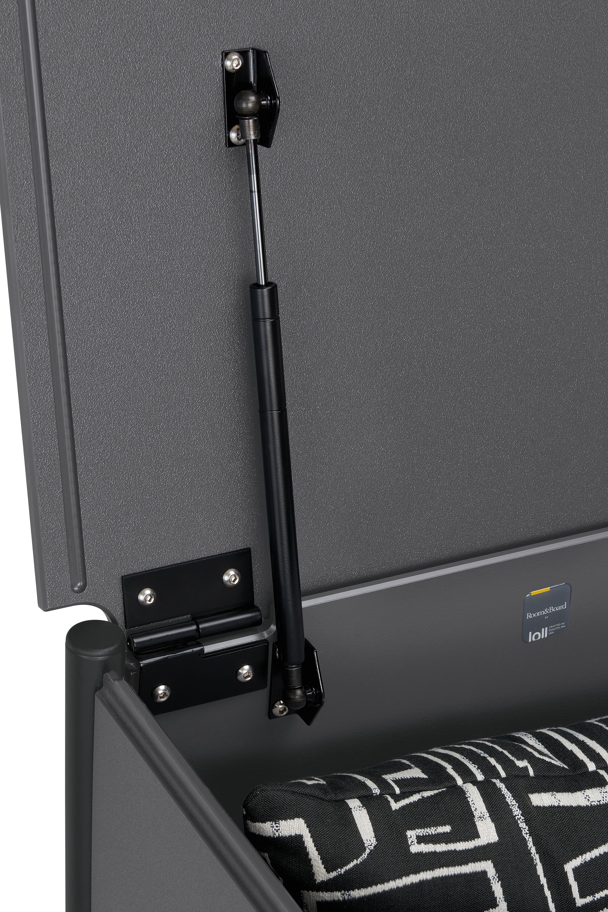 Detail of hinge in granger outdoor storage box.