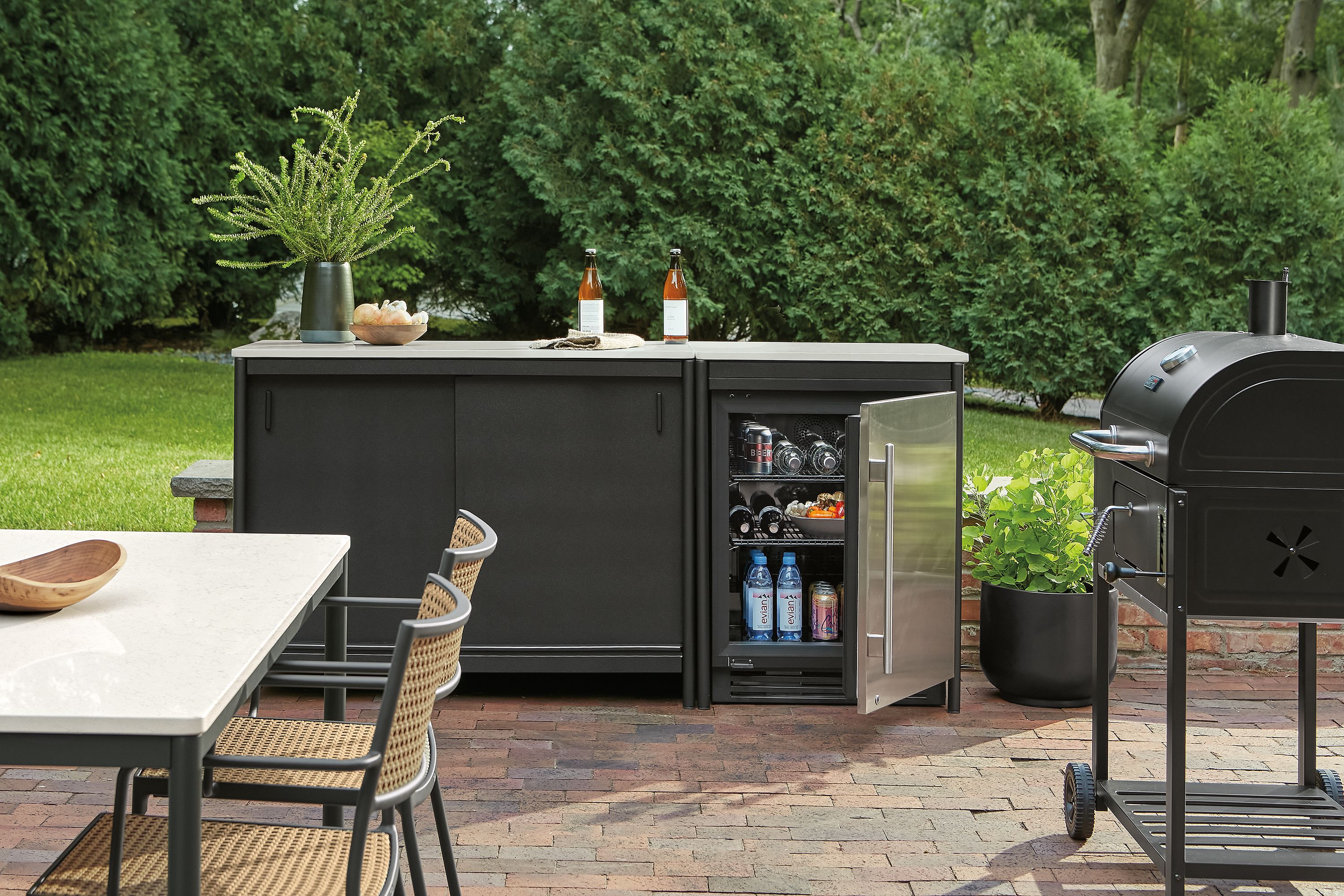 76w 26d 2-piece modular cabinet & metal door fridge (open) in graphite with marbled white quartz top