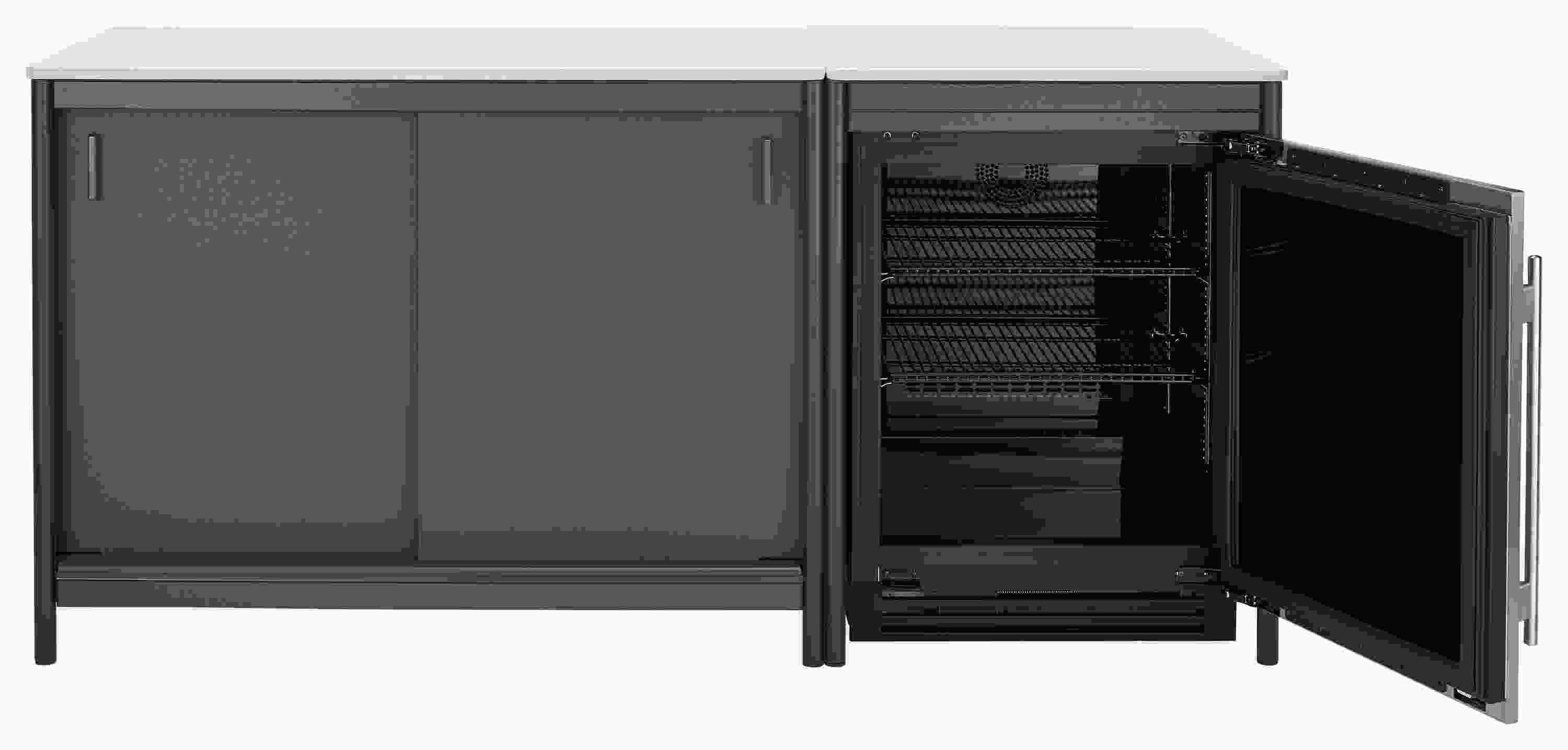 front view with door open of Granger 76-wide 2-piece Outdoor Kitchen cabinet and Metal Door Fridge with Stone Top.