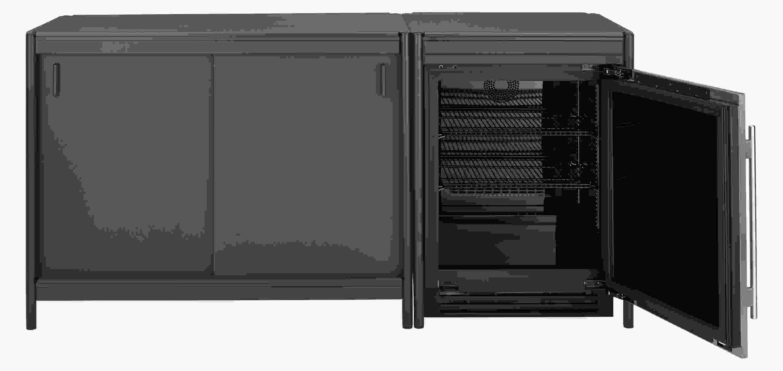front view with door open of Granger 76-wide 2-piece Outdoor Kitchen cabinet and Metal Door Fridge with HDPE Top.