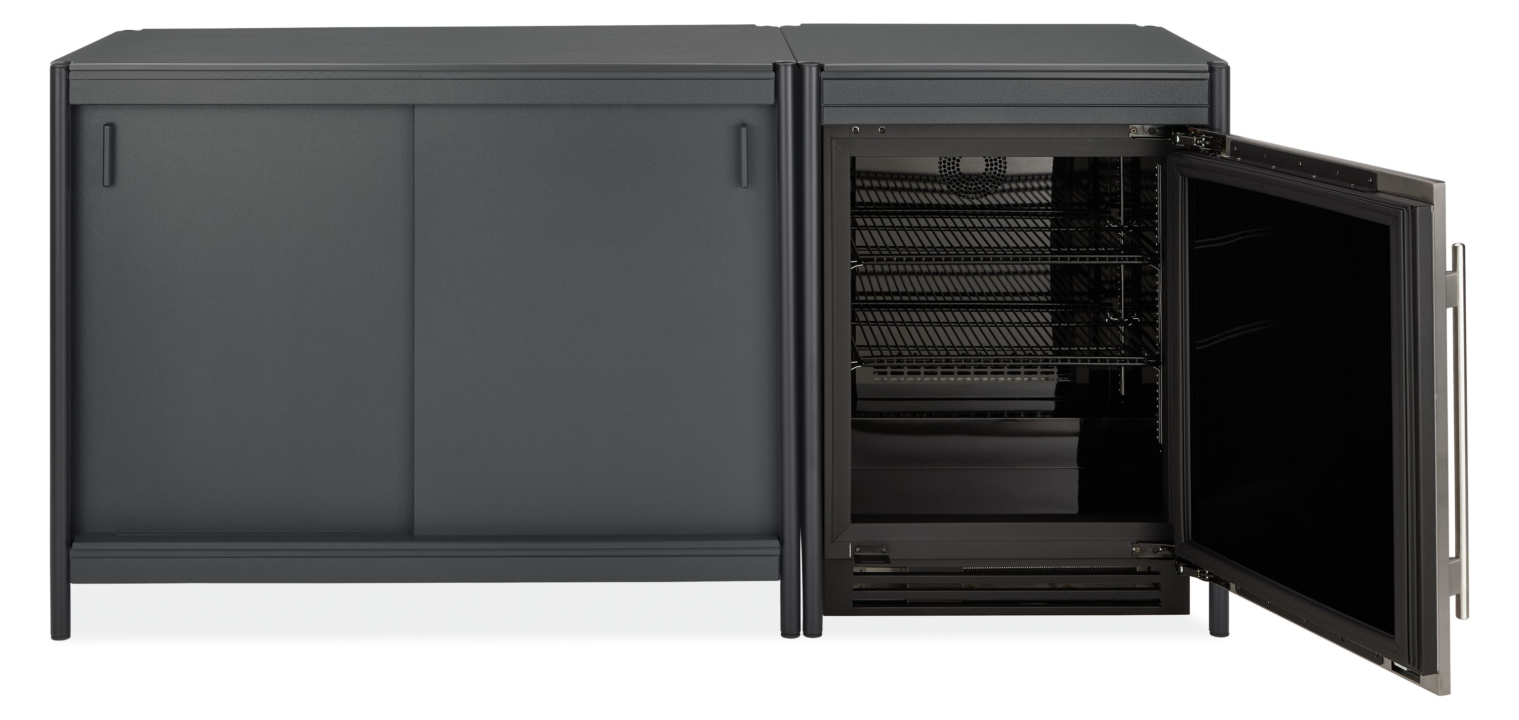 front view with door open of Granger 76-wide 2-piece Outdoor Kitchen cabinet and Metal Door Fridge with HDPE Top.