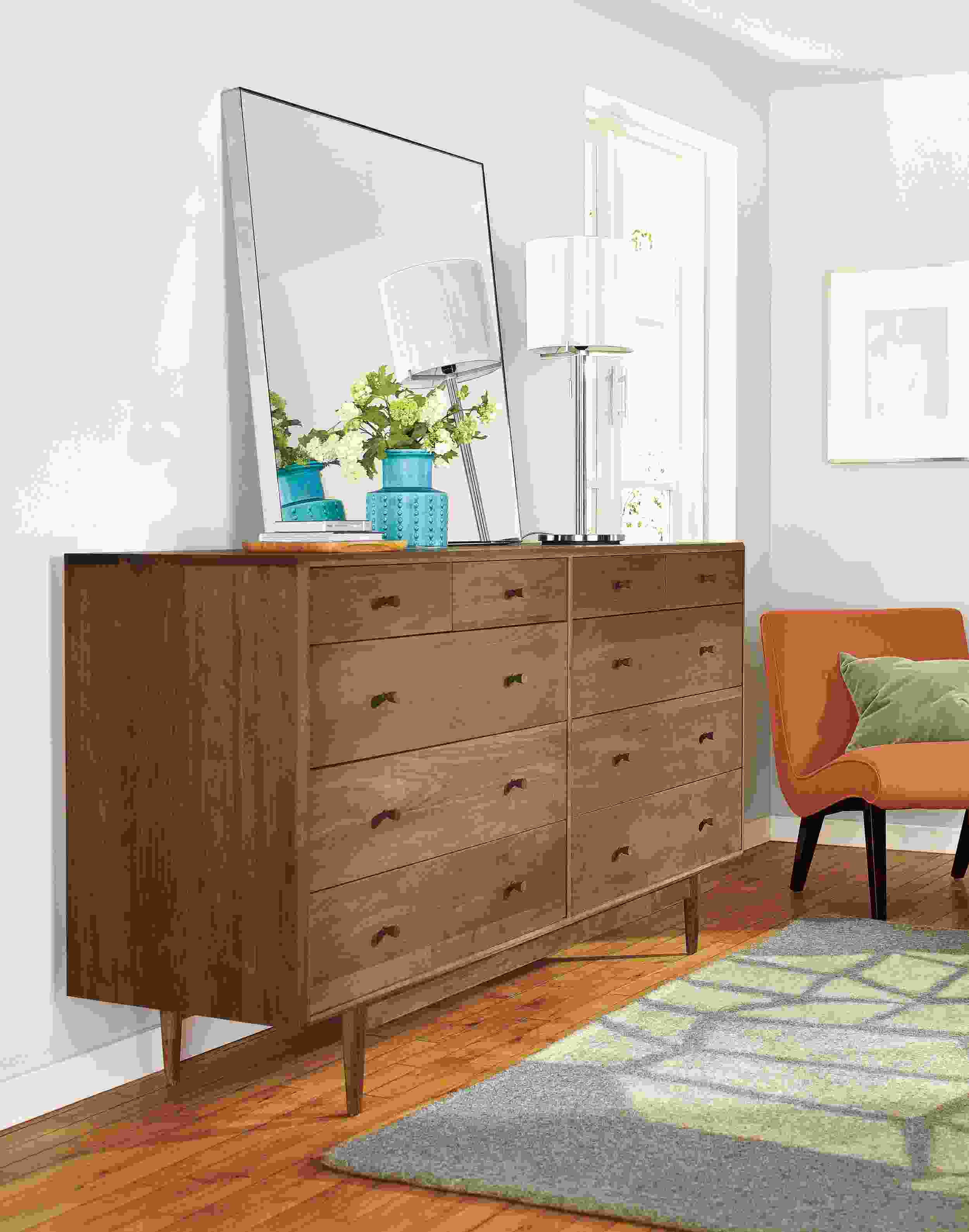 Bedroom with Grove dresser in walnut.