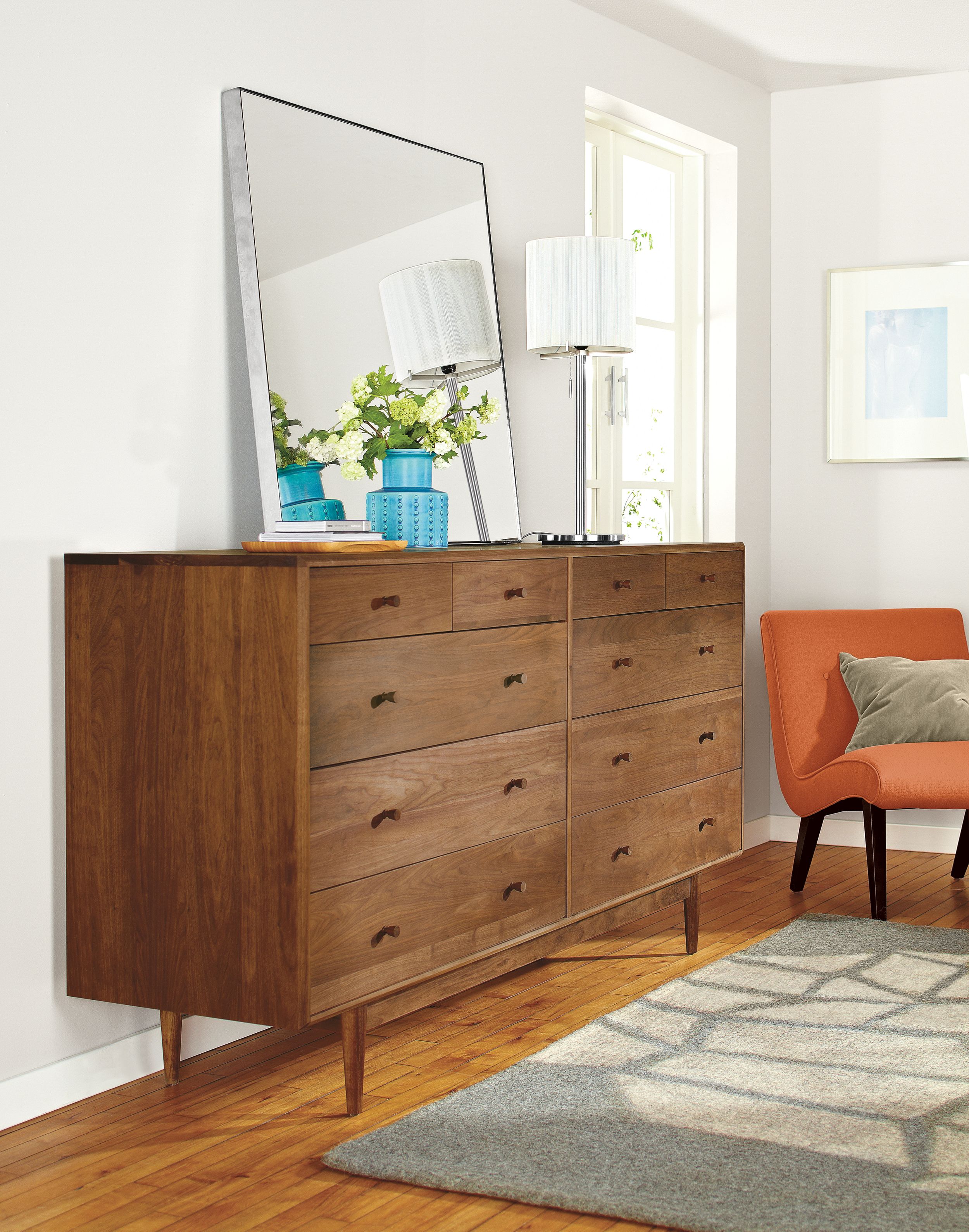 Bedroom with Grove dresser in walnut.