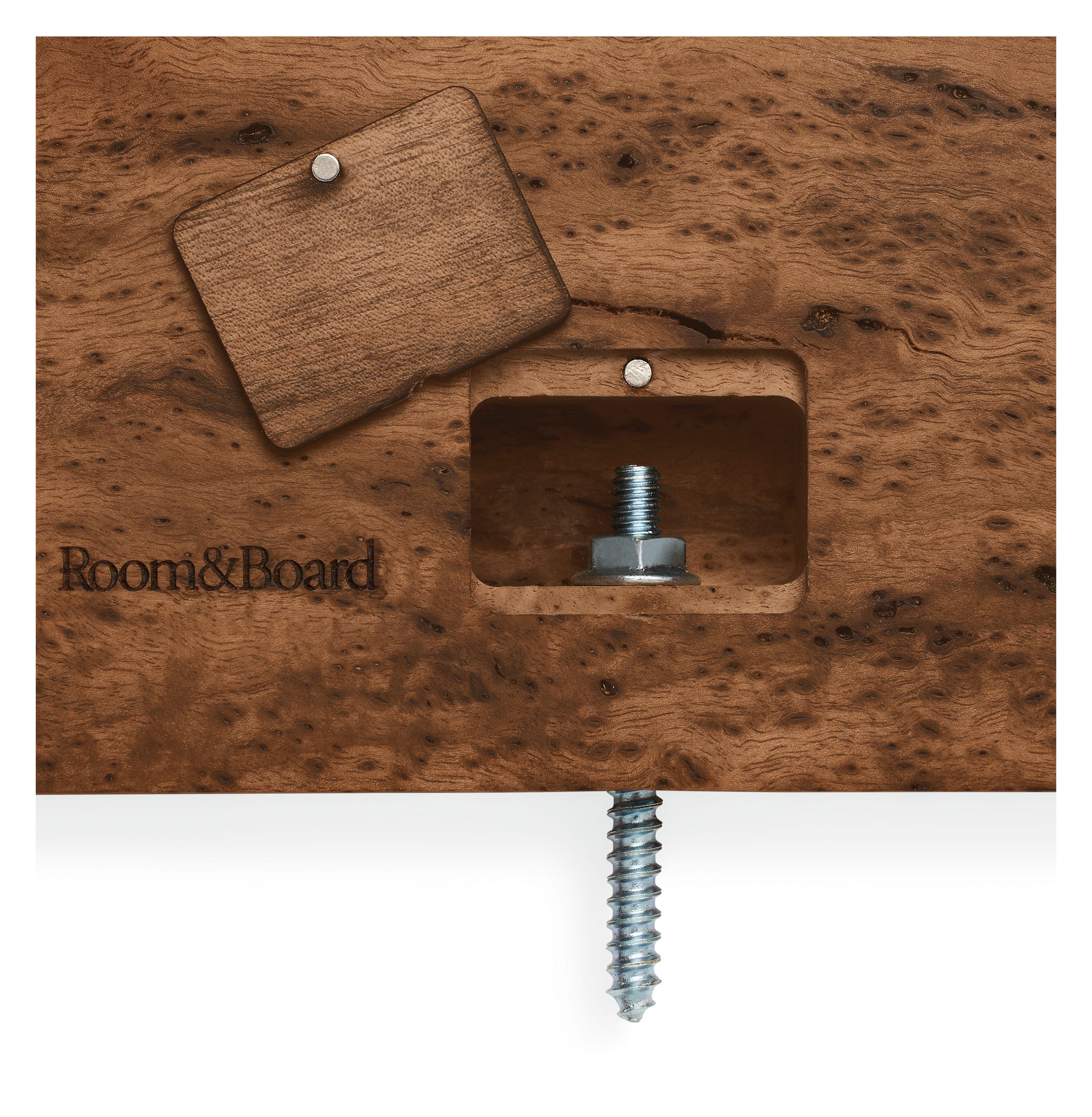 Detail of mounting screw pocket and screw on hahn 48-wide wall shelf in grafted walnut.