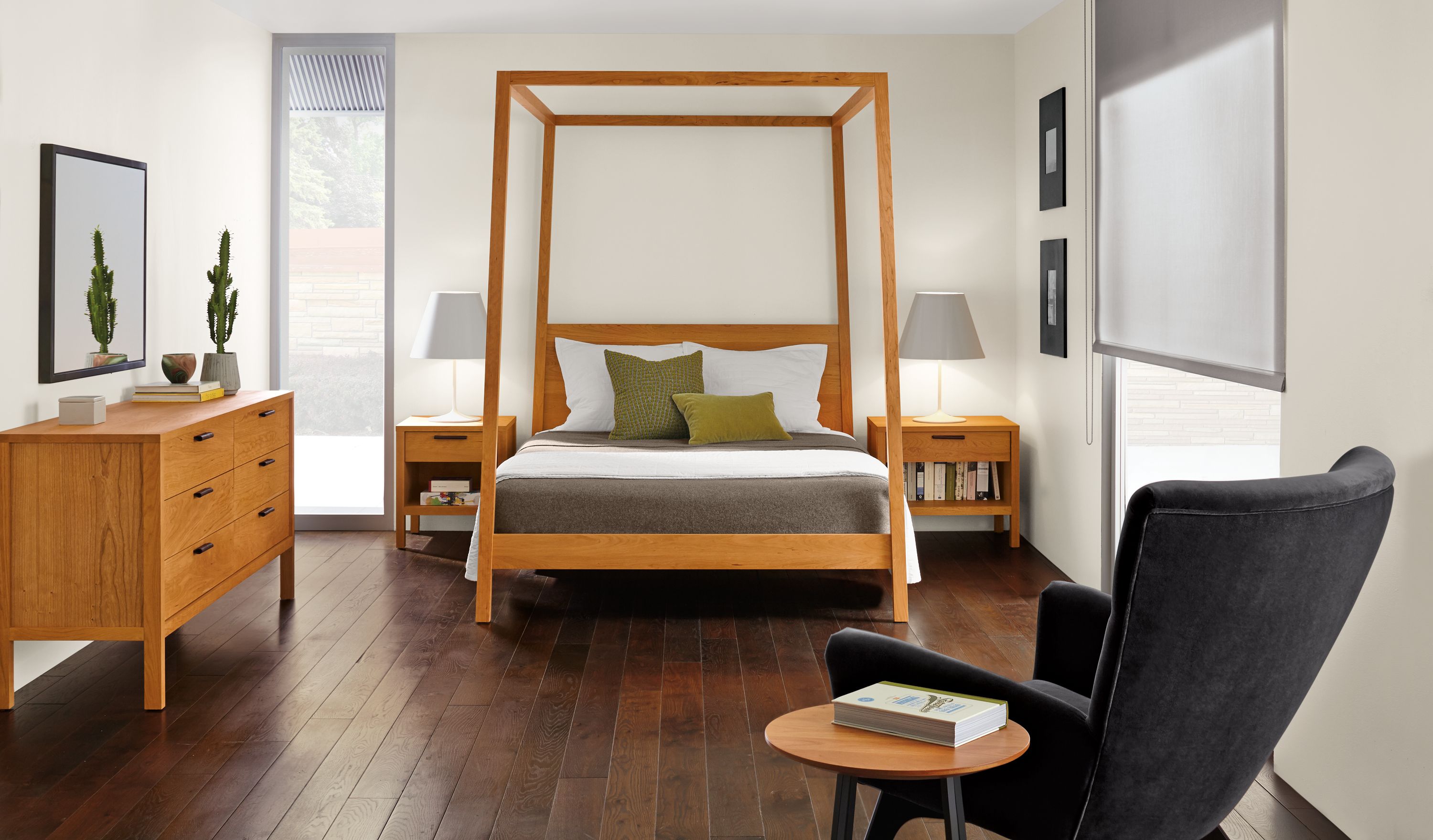 Detail of Hale four-poster wood bed.