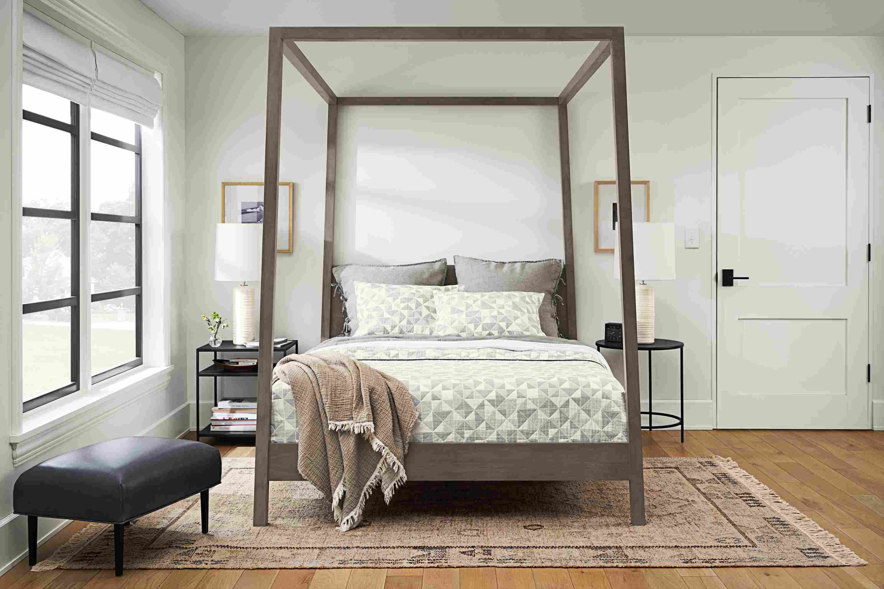 bedroom setting with hale wood canopy bed in shell stain.
