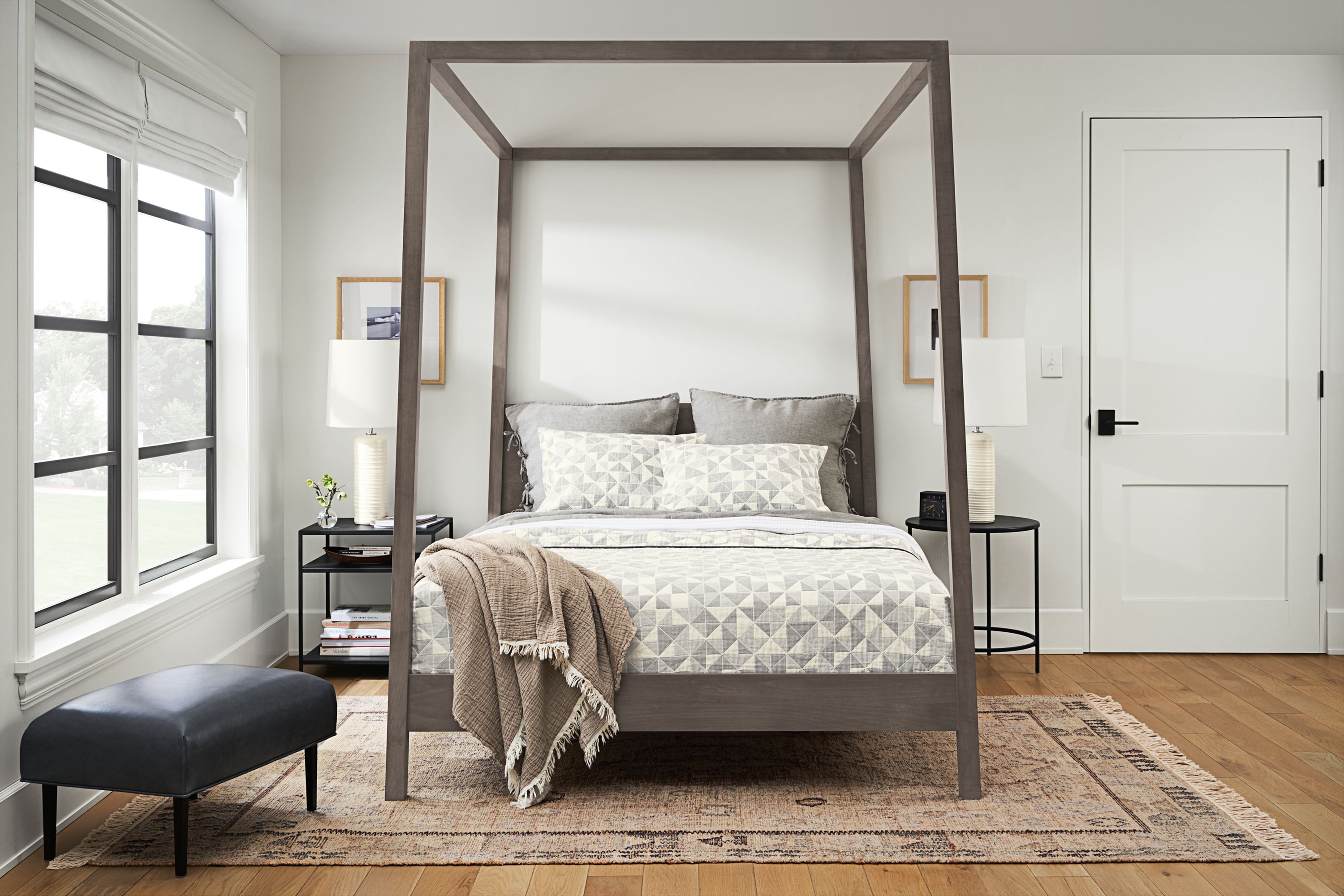 bedroom setting with hale wood canopy bed in shell stain.