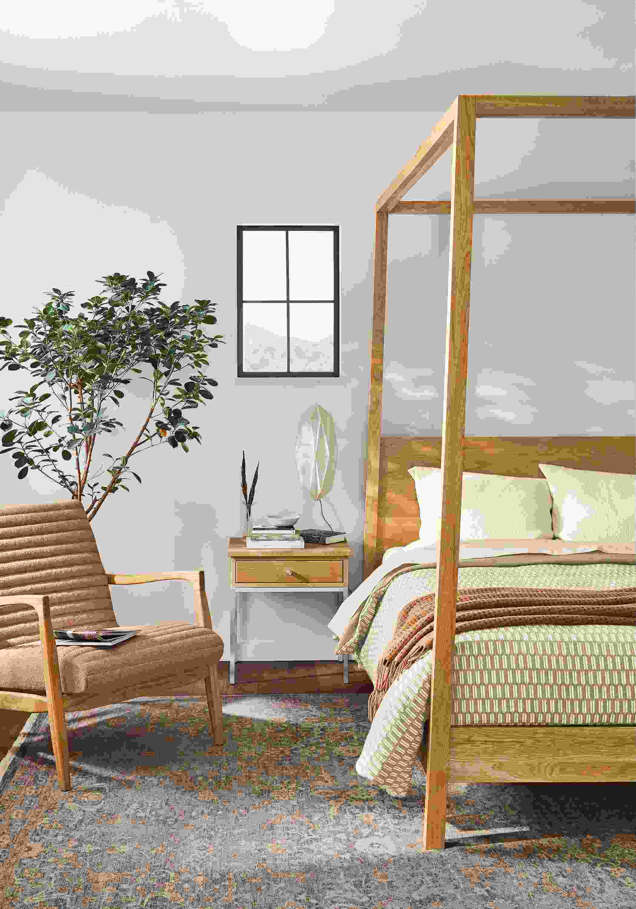 bedroom setting with hale wood canopy bed in white oak.