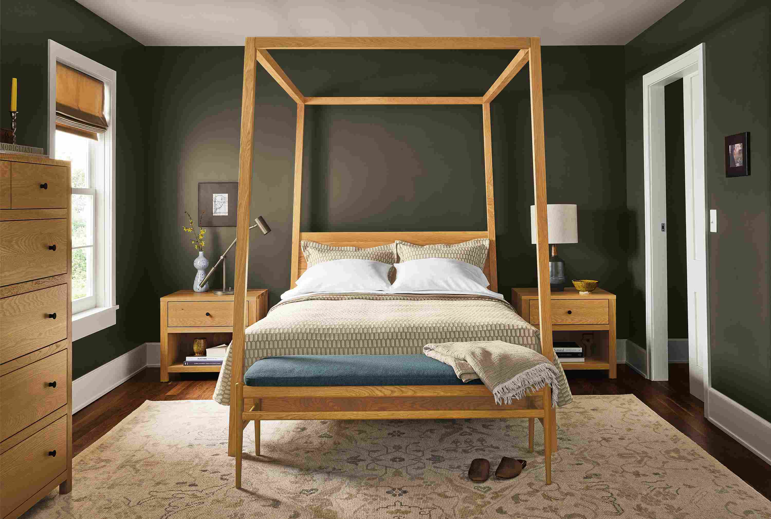 Bedroom with Hale Queen Bed, Corwin nightstands and Corwin six-drawer dresser in white oak with Ophelia rug in pumice.
