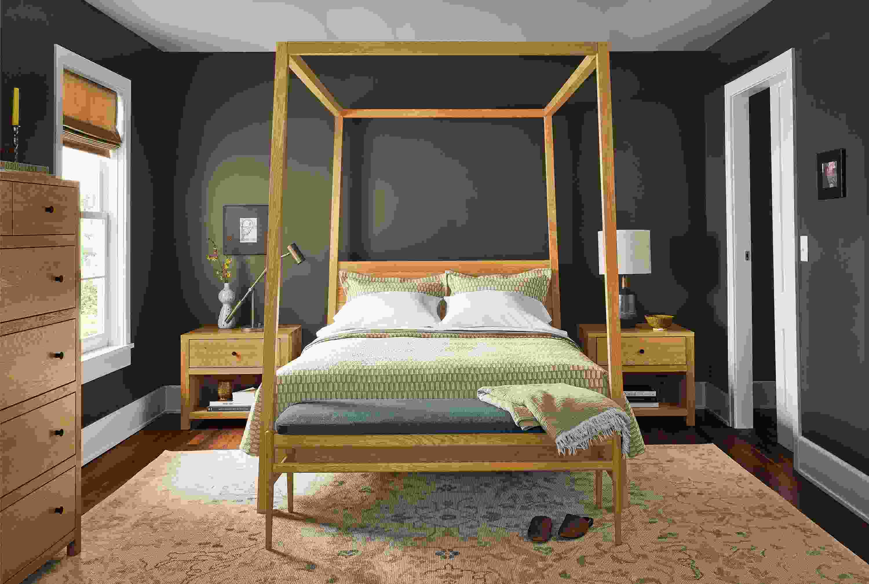 Bedroom with Hale Queen Bed, Corwin nightstands and Corwin six-drawer dresser in white oak with Ophelia rug in pumice.