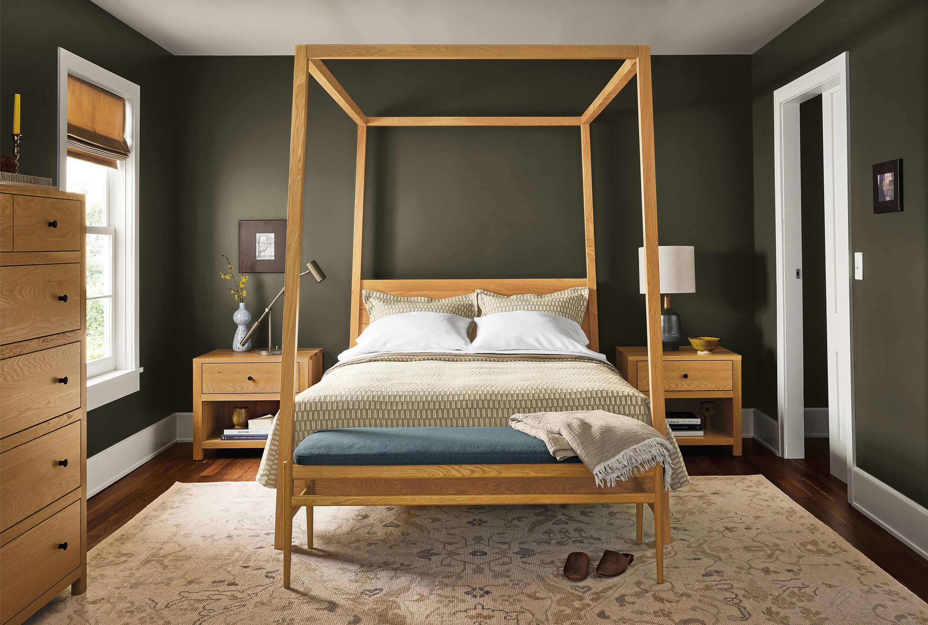 Bedroom with Hale Queen Bed, Corwin nightstands and Corwin six-drawer dresser in white oak with Ophelia rug in pumice.