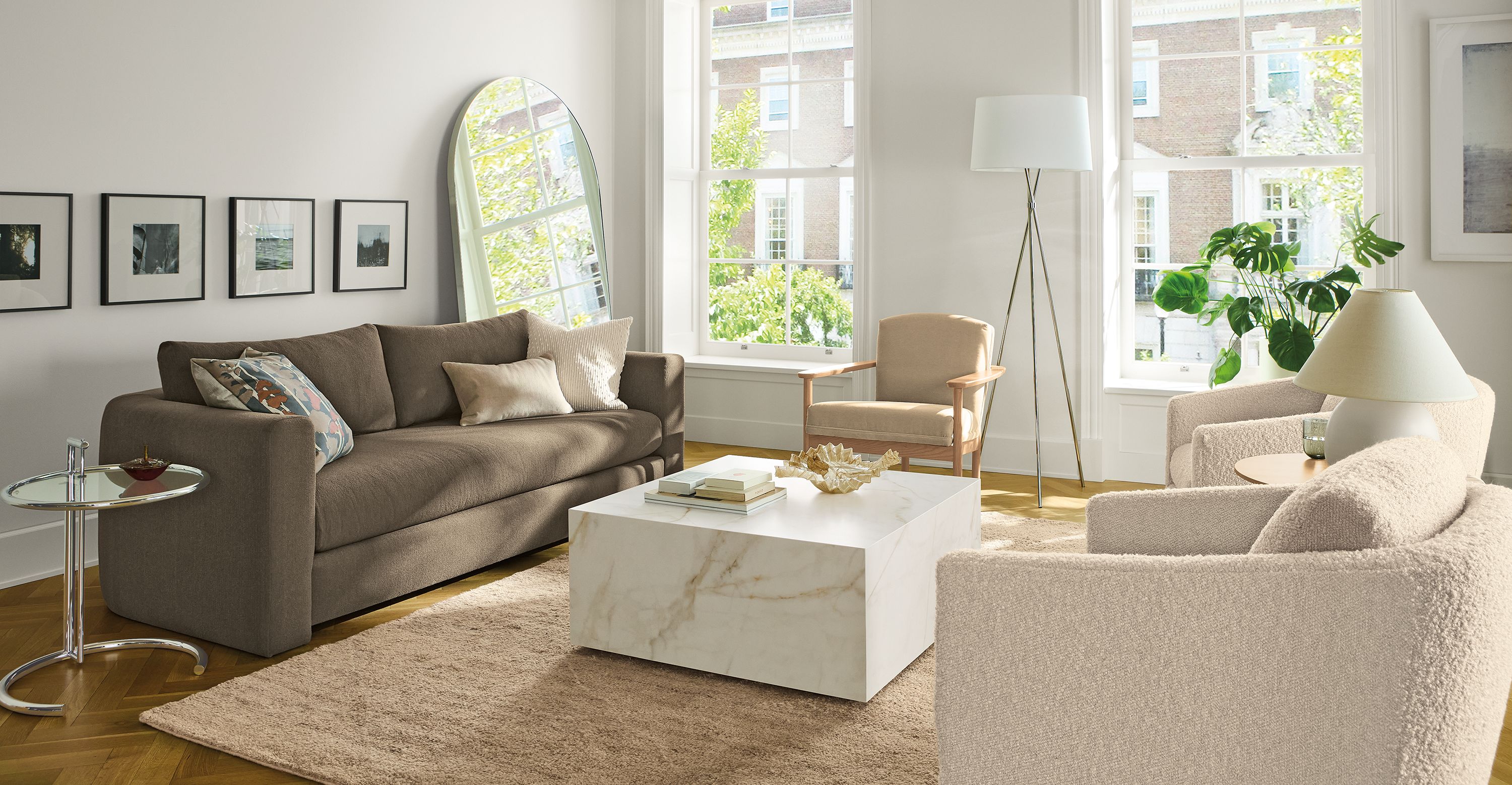 86" bench cushion sofa in Dusk mink fabric