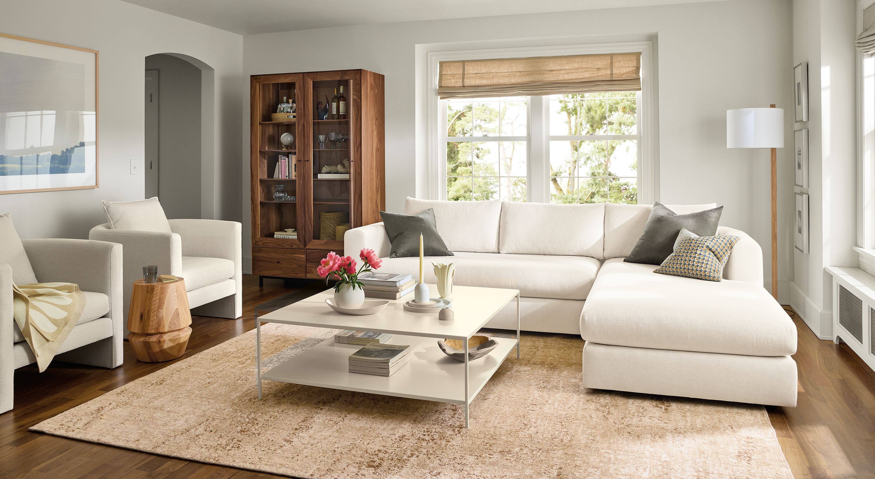 107" sofa with right-arm chaise in Sumner ivory fabric