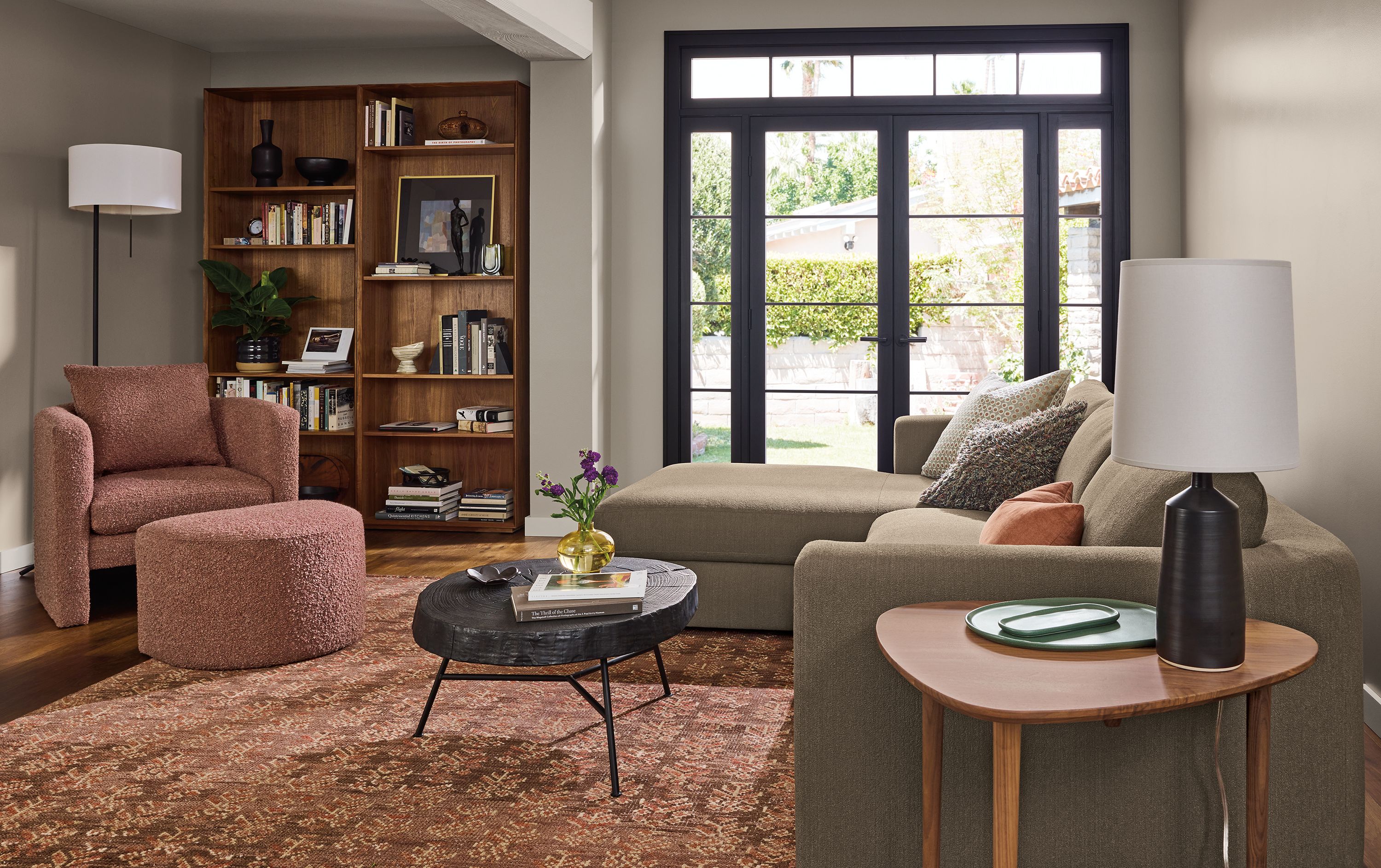 107" sofa with left-arm chaise in Dusk mink fabric