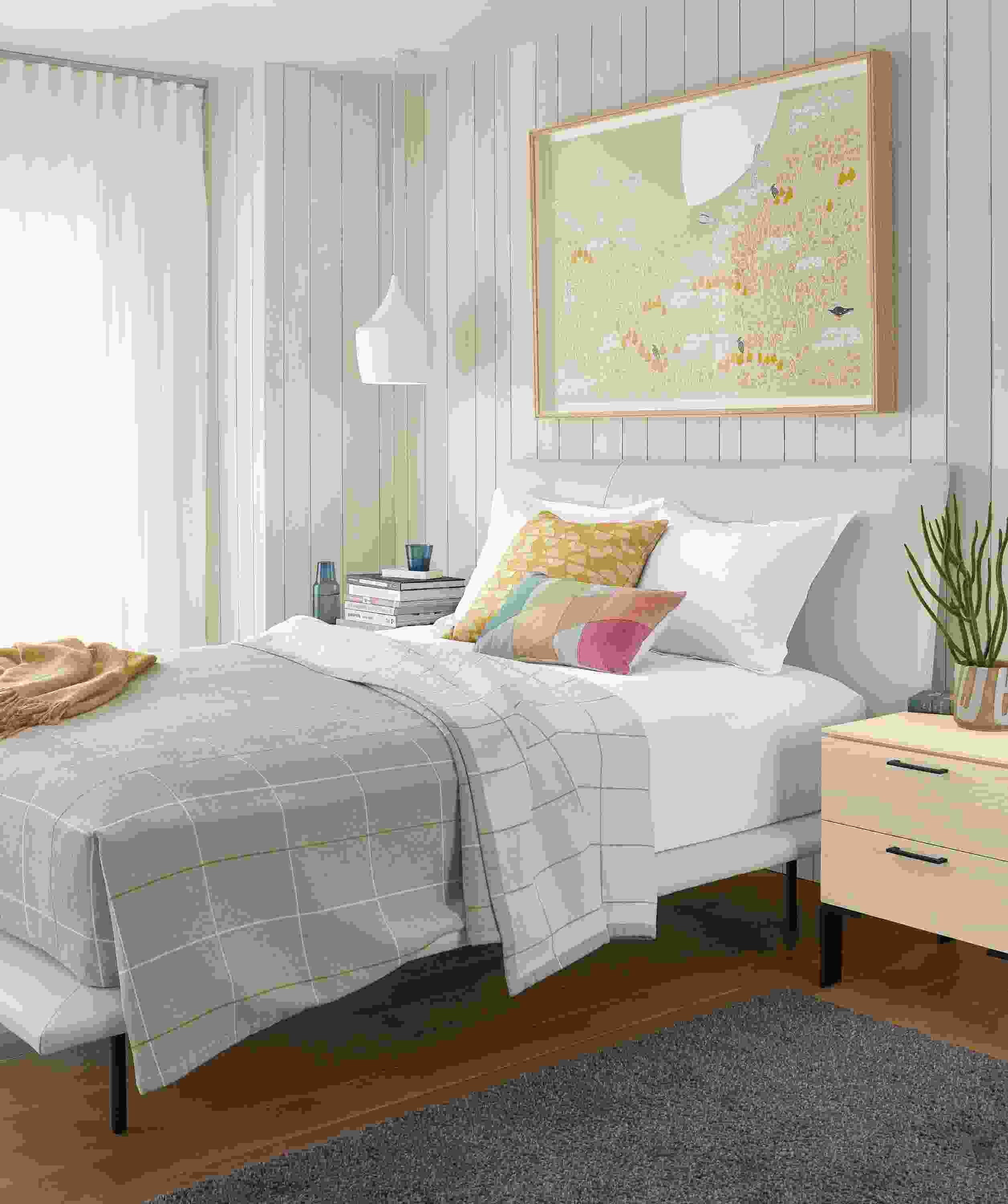 Detail of Hanson queen bed in vento leather in bedroom beneath haruna niiya wall art.