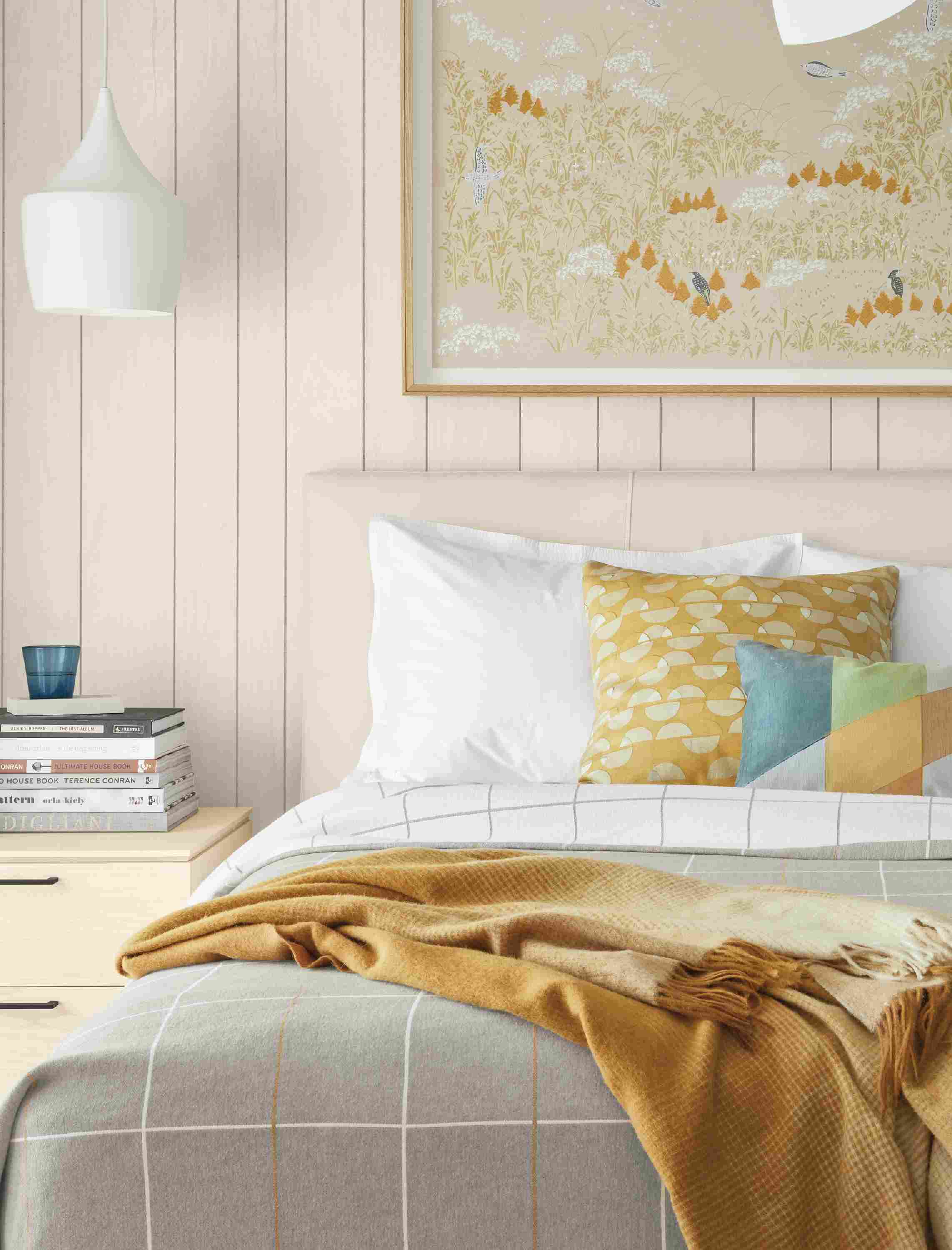 Detail of queen Hanson bed in vento leather in bedroom beneath haruna niiya wall art.