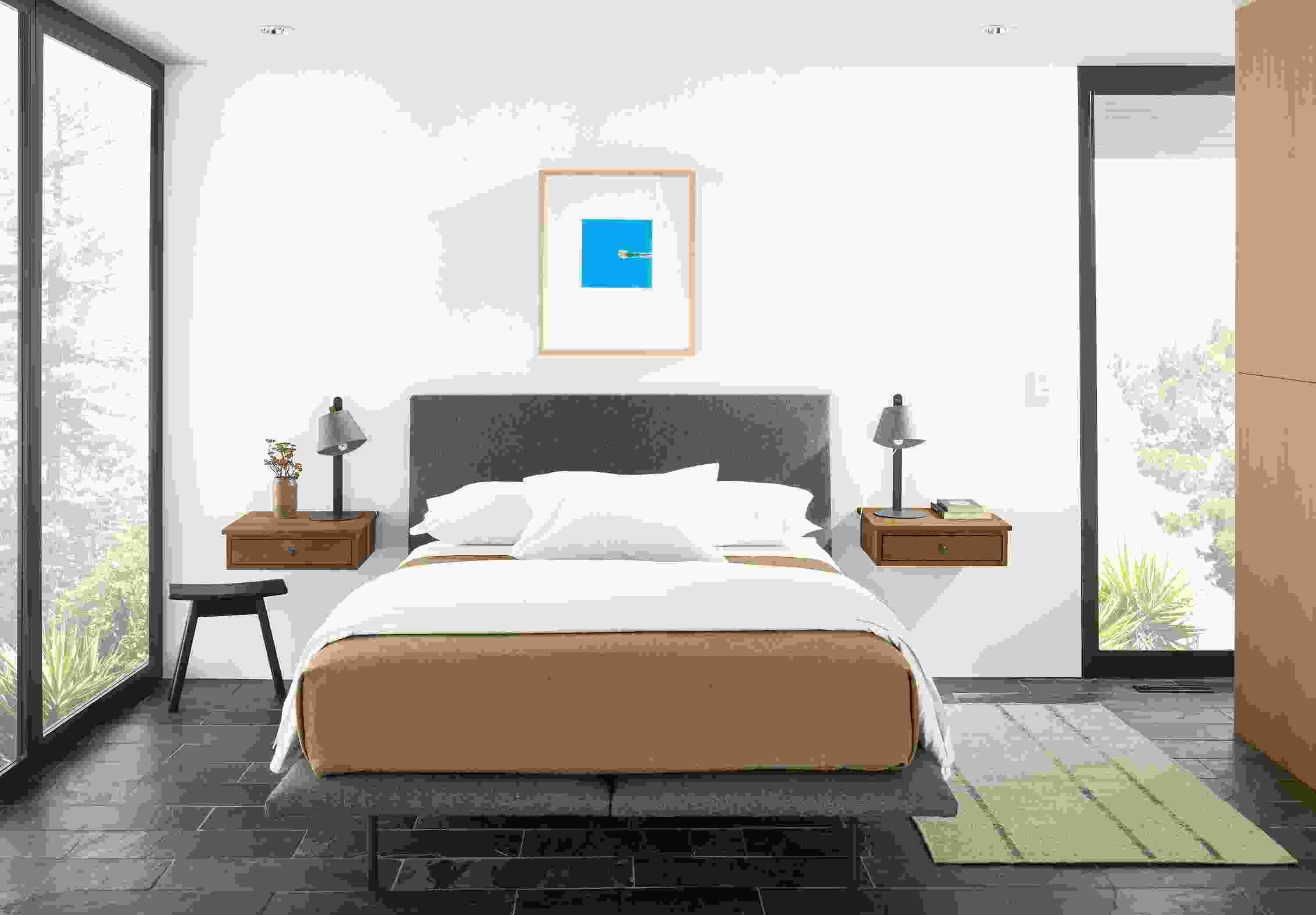 Detail of Hanson queen bed in Flint Gunmetal fabric in modern bedroom.
