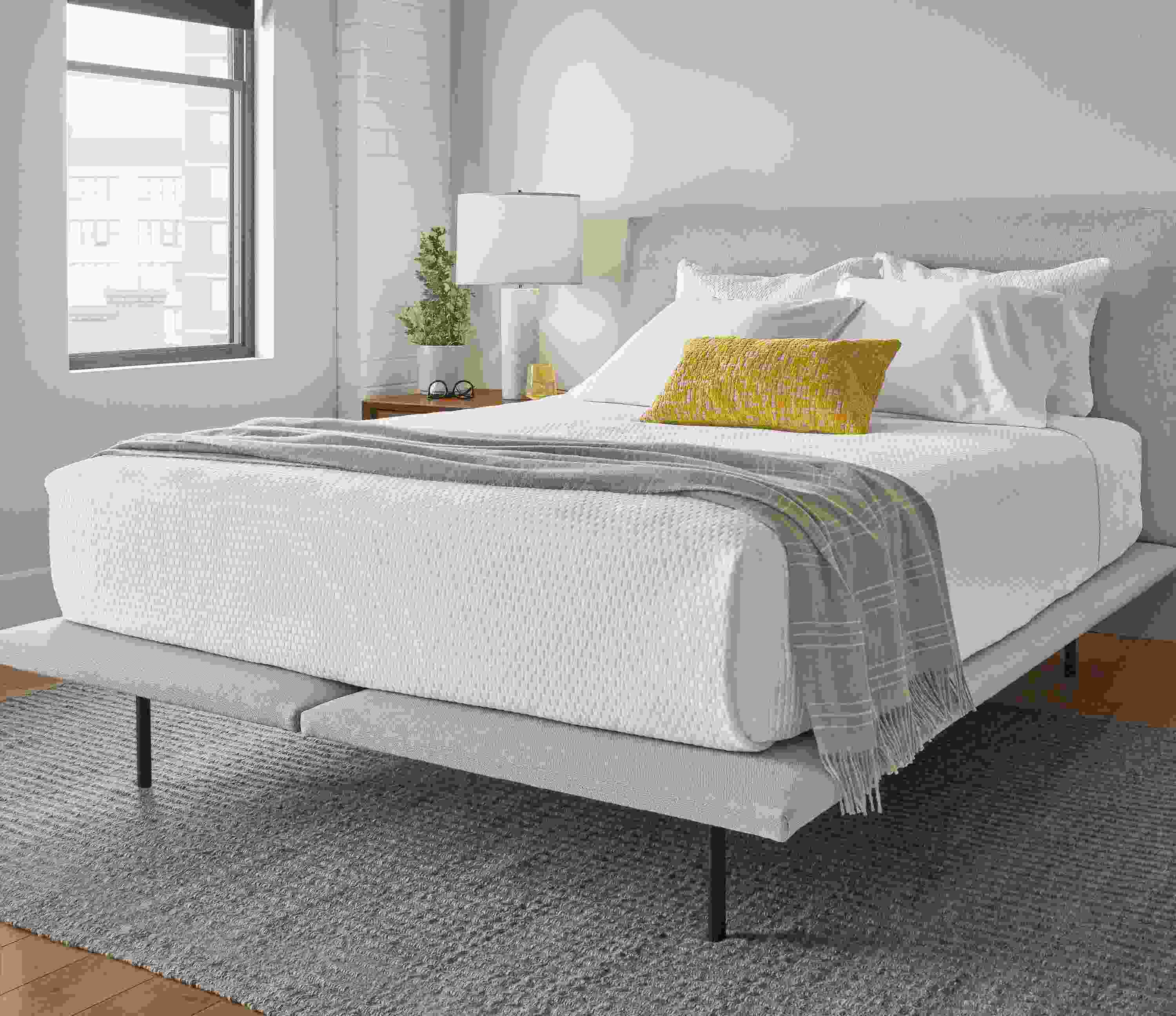 Close detail of Hanson upholstered bed.