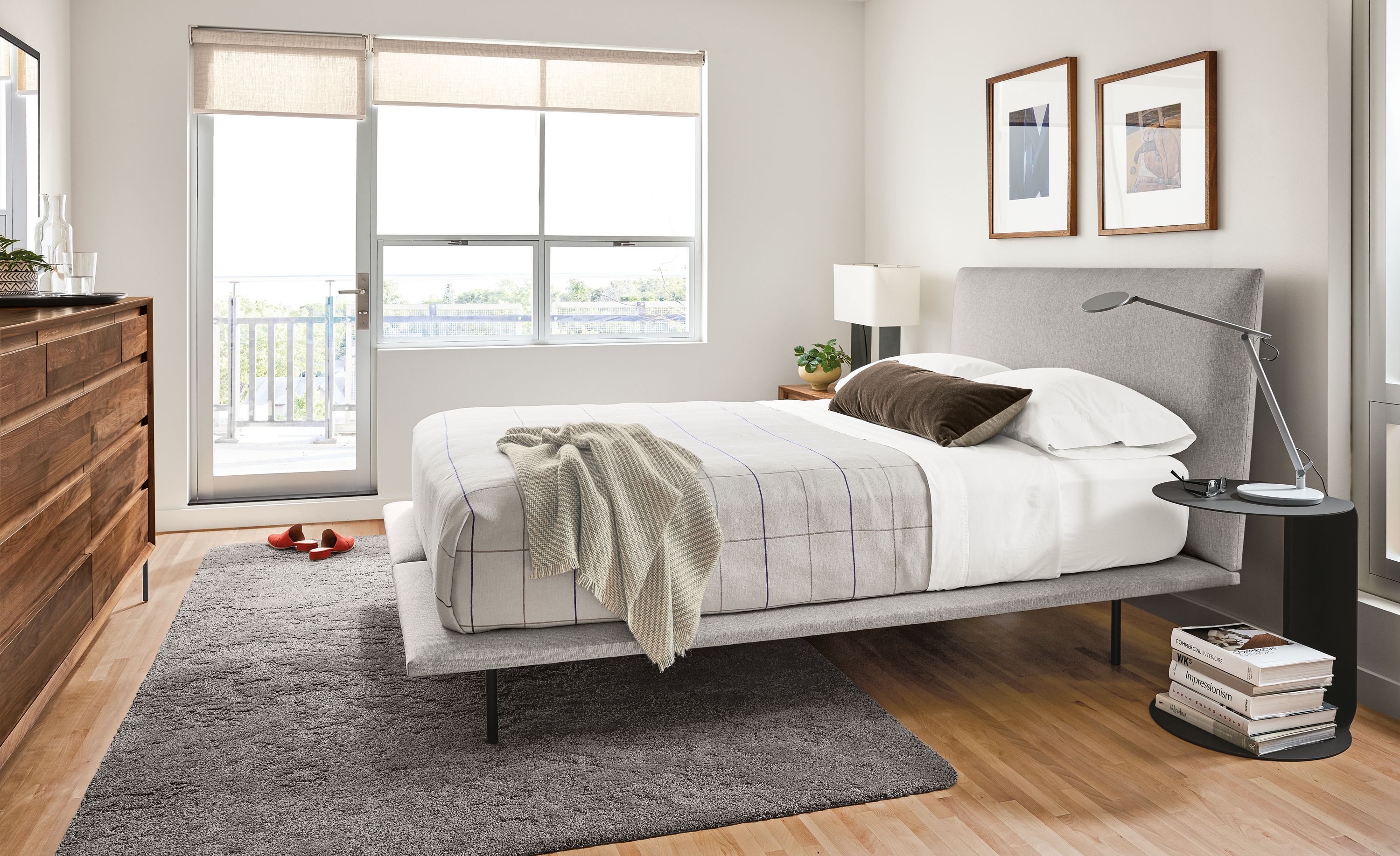 Hanson queen upholstered bed in bedroom.