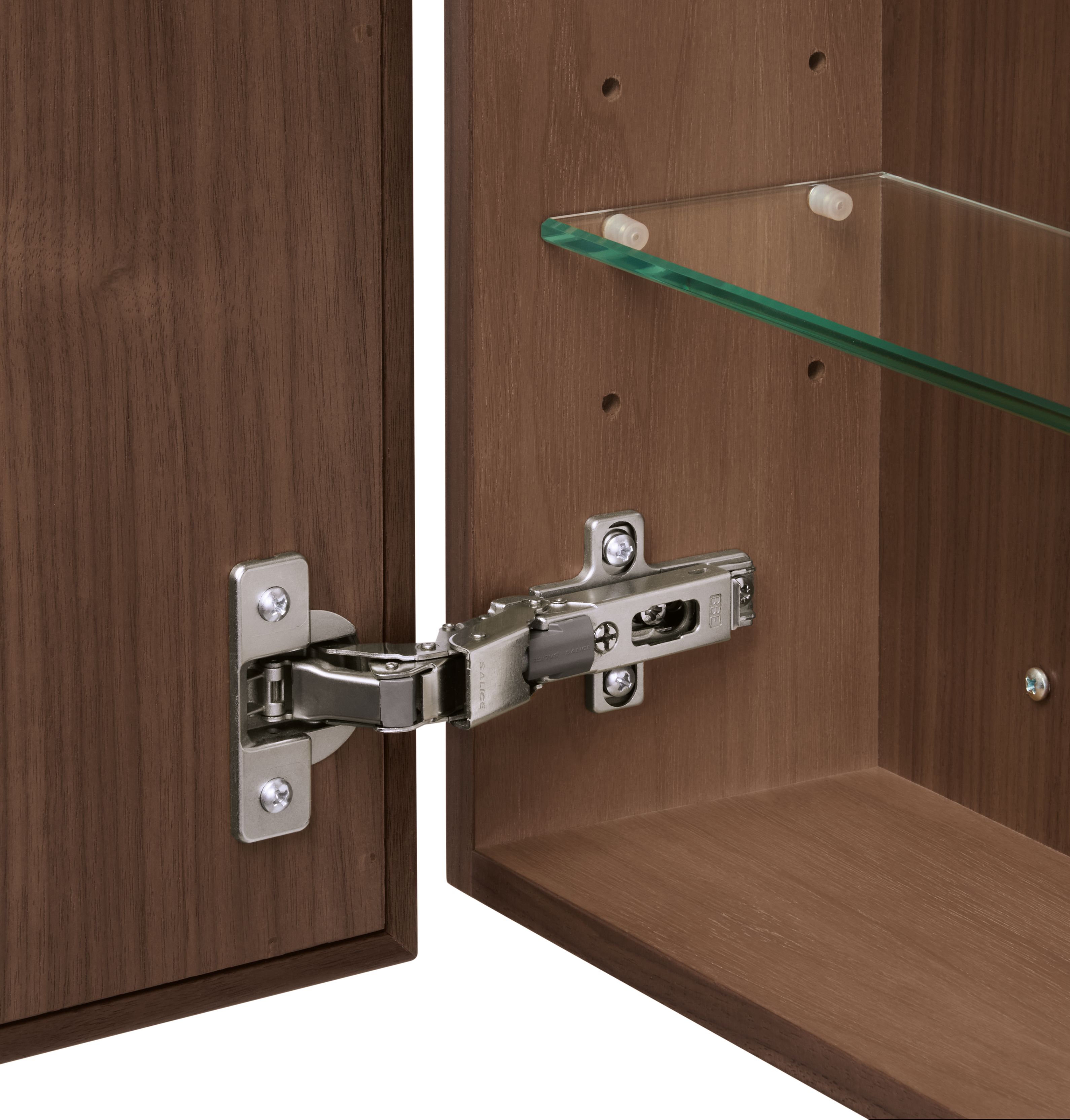 Detail of hinge on Harlan 23-wide medicine cabinet in walnut.