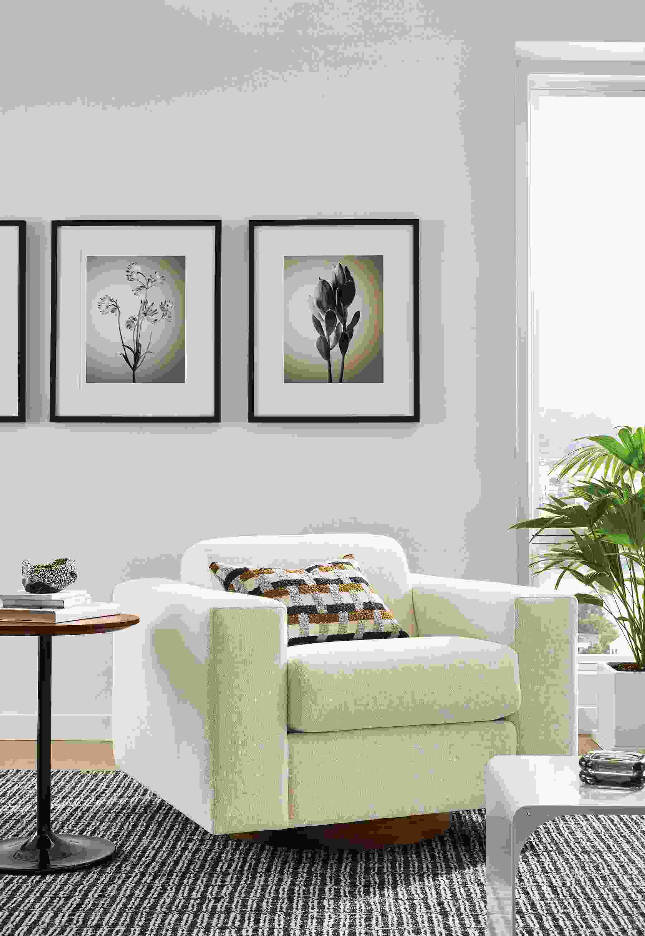 Living room with Harmon swivel chair in Tepic Ivory, Aria round table in walnut and onyx gloss and Nera rug.
