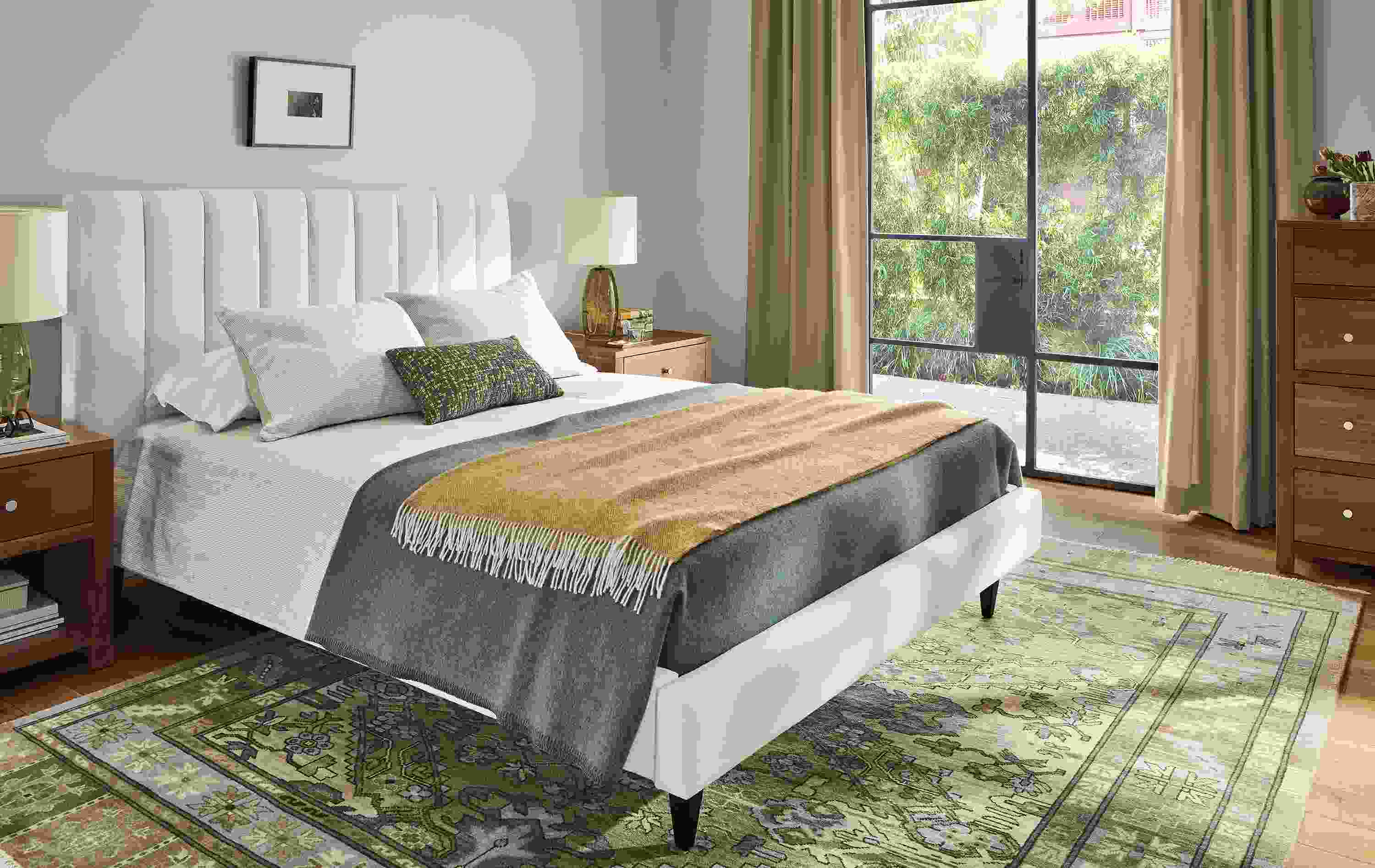 Bedroom with Hartley queen bed in Sumner ivory, Grace table lamps in olive and Corwin dresser and nightstands in walnut.